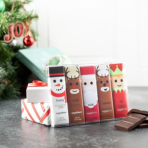 Miniatura 5 de MoodiBars by Astor Chocolate - Paquete de regalo de 5 barras de chocolate variadas de Navidad, envueltas individualmente, barra con sabor a menta,