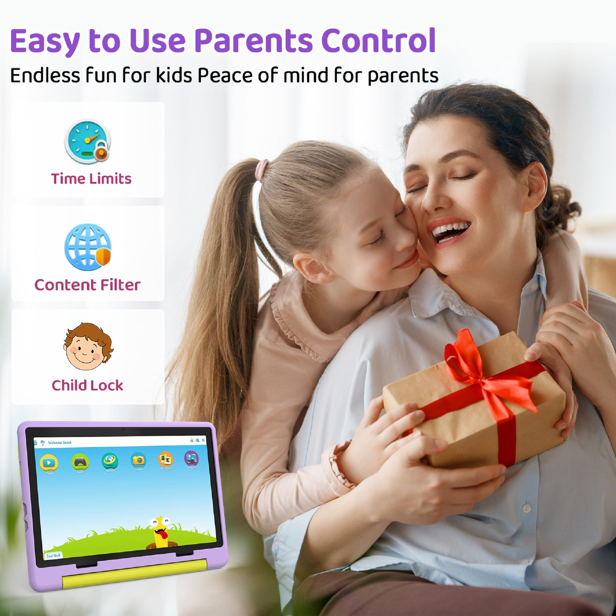 Tablet Bambini 10 Pollici Android 16 Tablets PC 20 GB RAM 64 GB ROM IPS1280x800 Doppia Fotocamera 5MP+8MP 5000 mAh WiFi 6 BT 5.4 Controllo Parentale Custodia Protettiva (Viola)