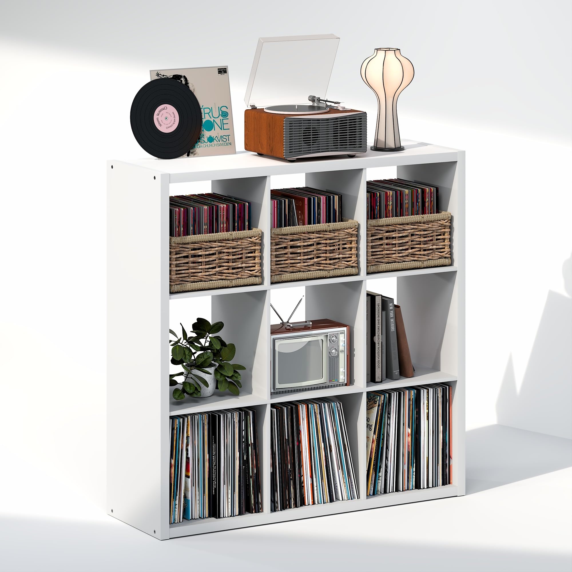 Furinno CUBICLE Mobile per Giradischi con Raccoglitore per Vinili, 9-Cube 1.2 Extra Spesso Raccoglitore per Dischi in Vinile, Scaffale Multimediale Aperto sul Retro per CD DVD Dischi, Bianco