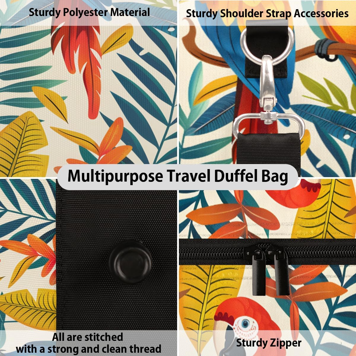 Watercolour Parrots Leaves Travel Duffel Bag for Women Men Large Capacity Overnight Weekender Bags for Lightweight Waterproof Sport Gym Bag for Workout Yoga Swim