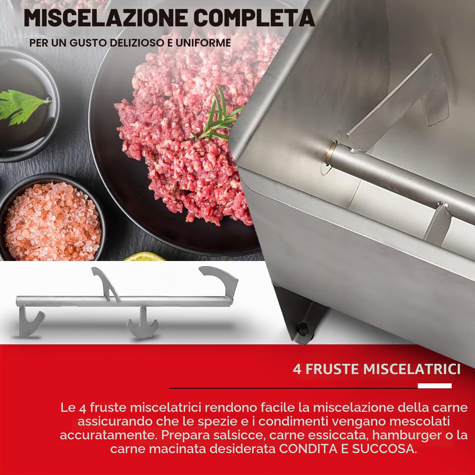 Kitchener heavy duty commercial grade manovella in acciaio inox mixer carne manual | Acciaio inox alimentare Heavy Duty; 4 pale rimovibili e coperchio trasparente, ideale per insaccati e carne condita