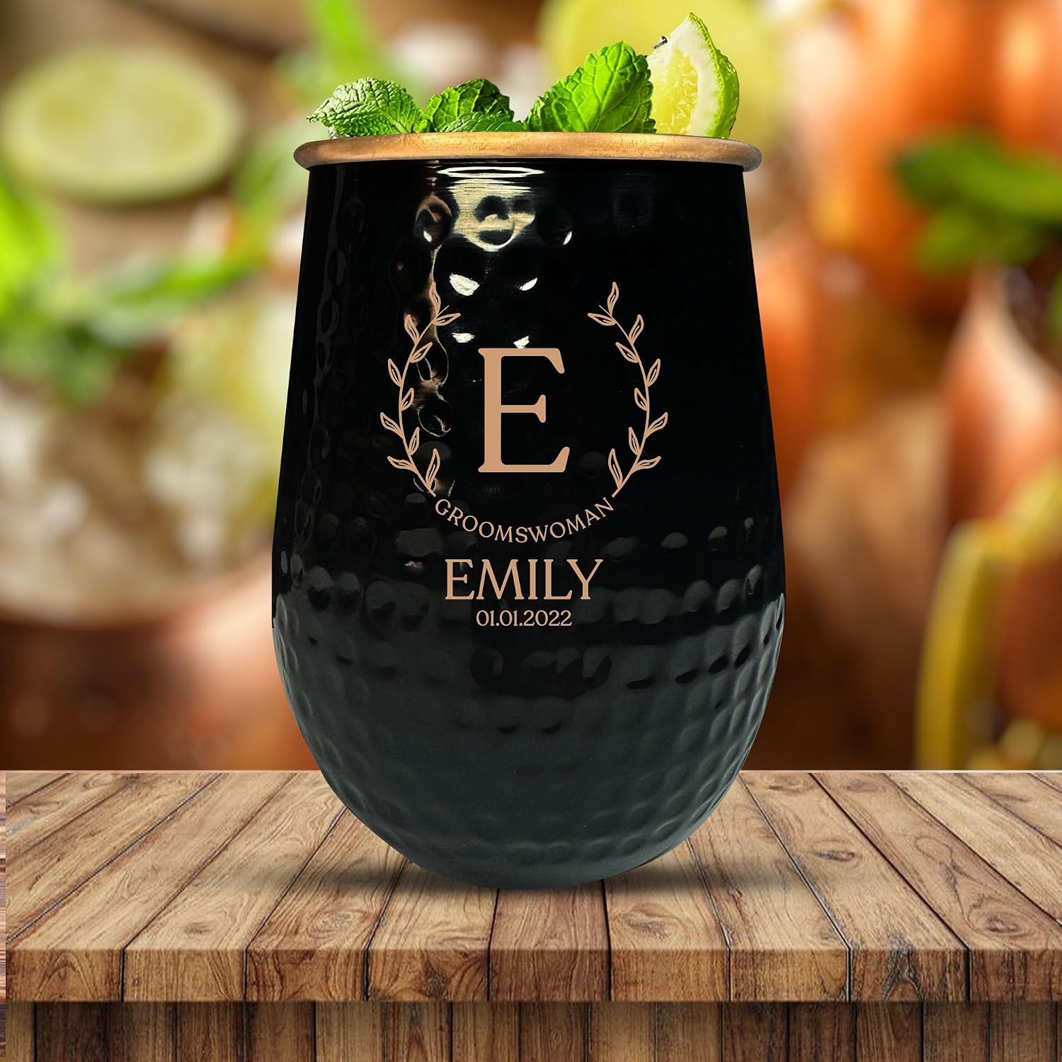 Custom The Grip Mule Pure Copper Moscow Mule Mug with Personalized Groomswoman Monogram Leaves Arch Theme Engraving for the Palm of Your Hand | Cold Drinks Only | No Handle | 1 Cup | 18 Oz | Black