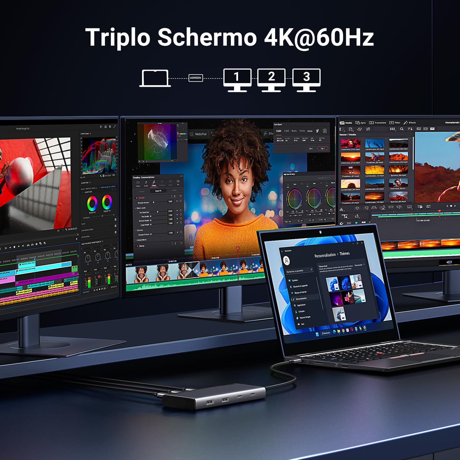UGREEN Revodok Pro 308 Hub USB C 8 in 1 Docking Station Triplo Display | 2 HDMI, 1 DisplayPort, 4K60Hz, 10Gbps, Porte Dati Multiple 2A2C, PD 100W Ricarica, Compatibile con MacBook Pro Air Surface