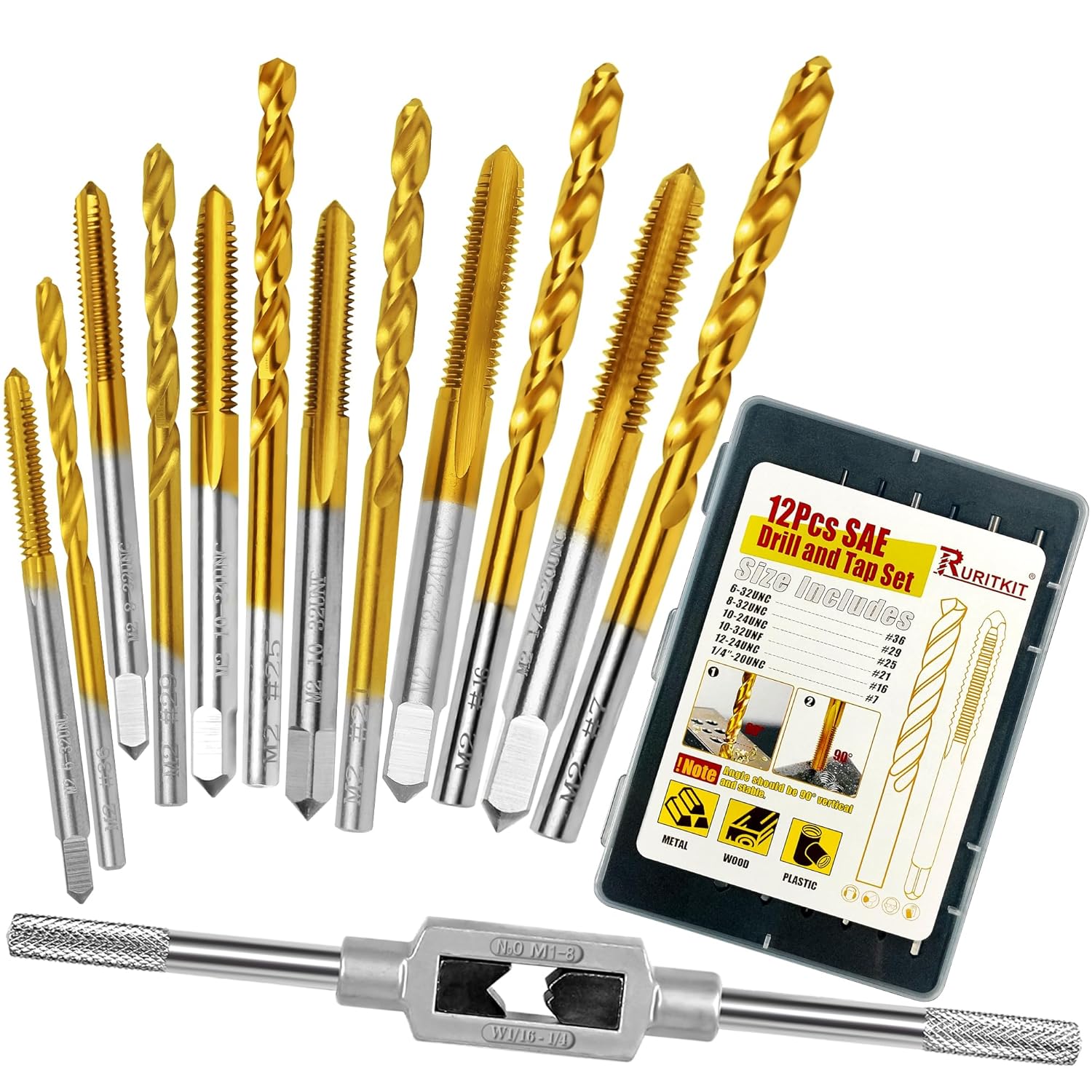 18Pcs SAE Drill and Tap Set with 1Pc Tap Wrench, M2 HSS Thread Tap Set from 6-32 UNC to 1/2"-13 UNC, Combination of Drill and Tap Set for Metal,with Metal Indexed Box