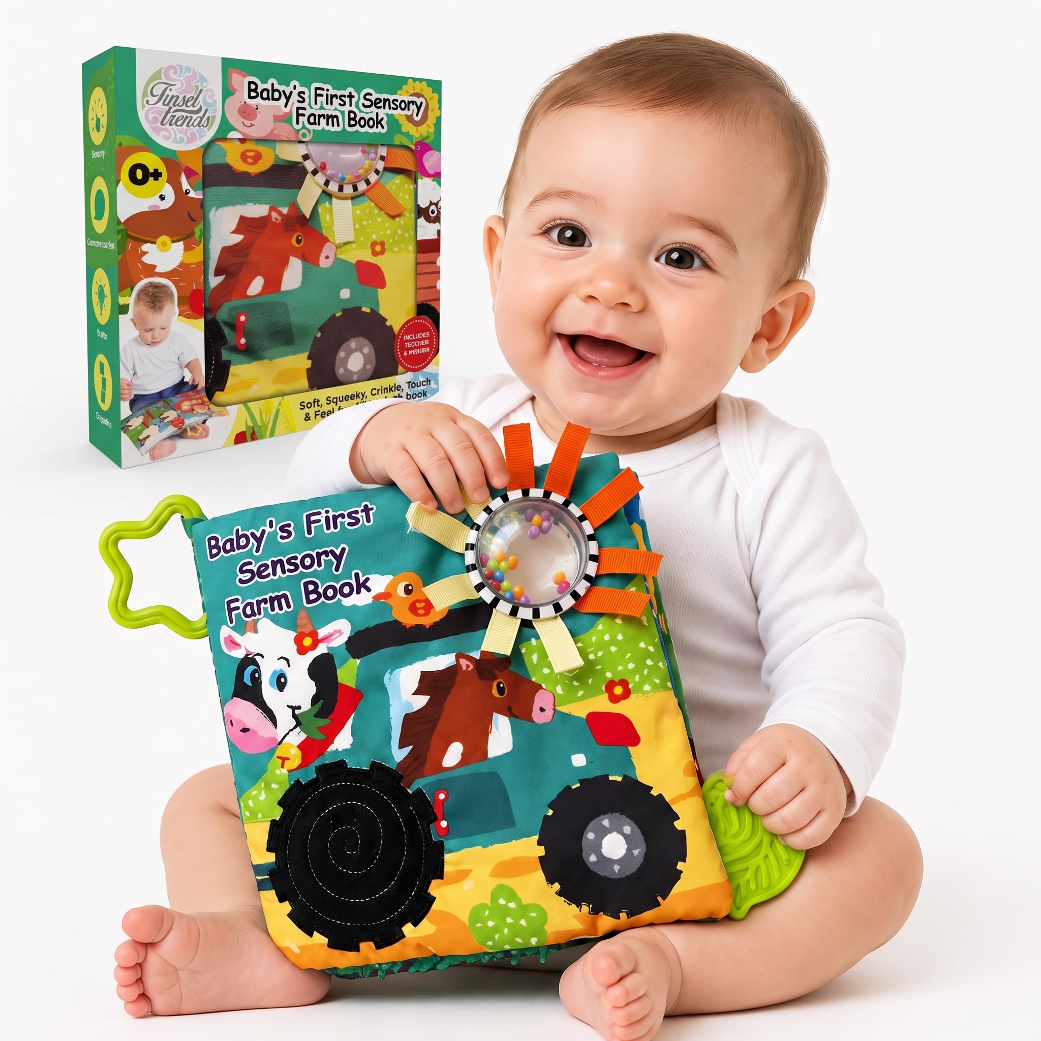 Tinsel Trends Baby Books Farm Animal Soft Cloth Busy Book Christmas Stocking Stuffer Thanksgiving Gift Halloween for Babies See Touch Feel Crinkle for Boy Girl 0-6 6-12 12-18 Months 1 Year Old