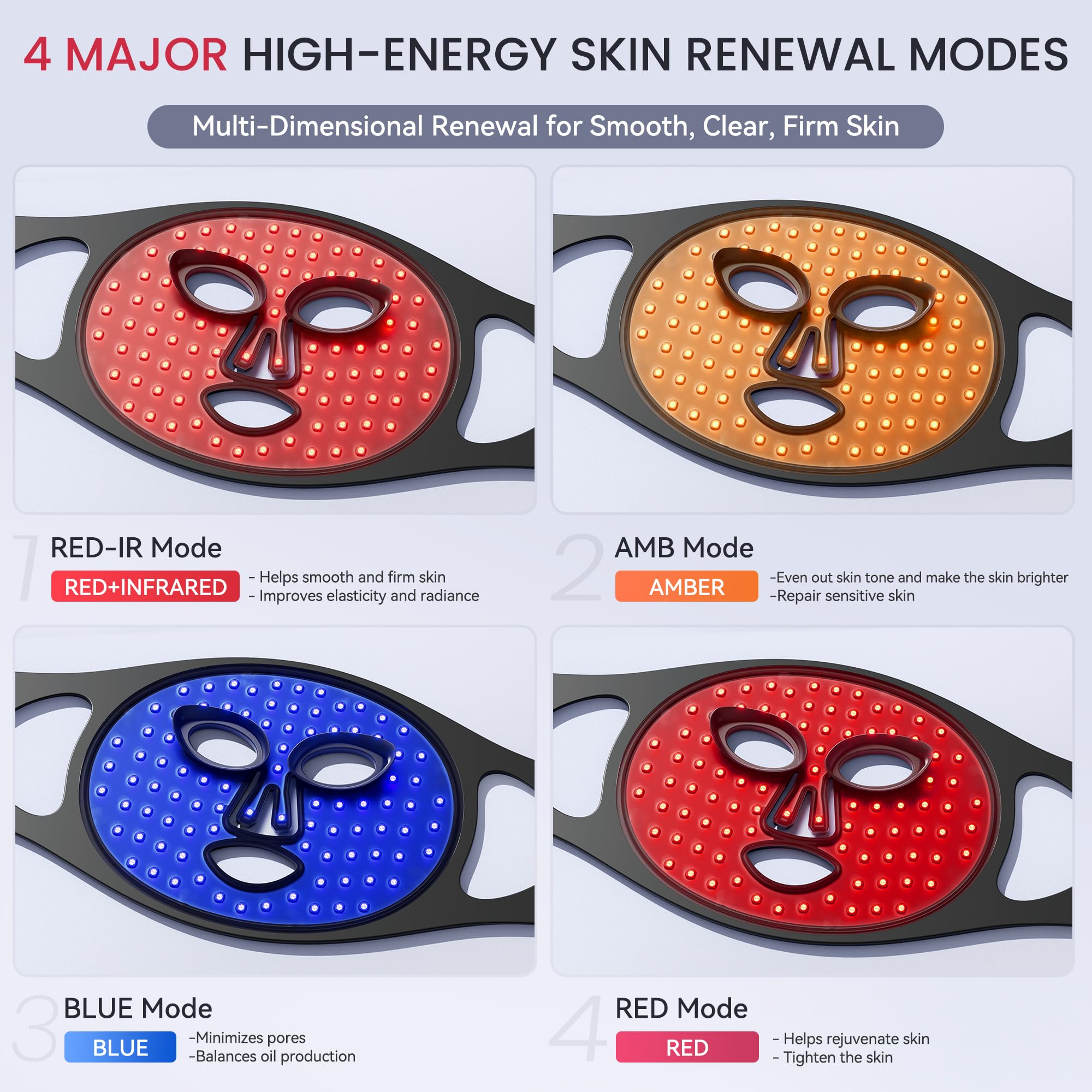 Red Light Therapy for Face, 4 Modes, Wireless 2000mAh Remote