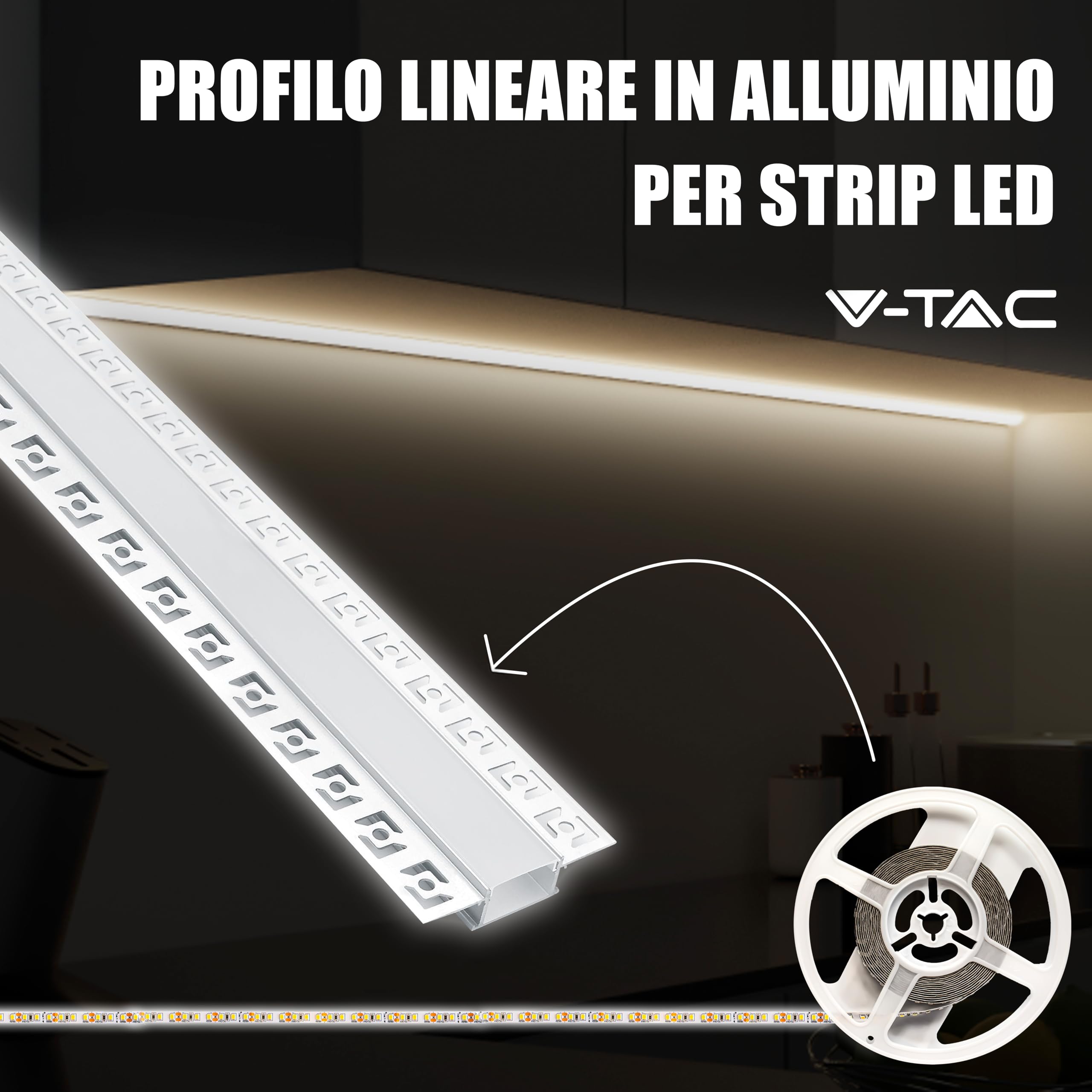 V-TAC 2x Profili per Strisce Led da 2 METRI a Scomparsa con Diffusore - (4 Metri Totali) - Profilo per Cartongesso da Parete e Soffitto a Incasso - Alluminio - Misure 61,5 x 14 mm - Apertura: 20,7 mm