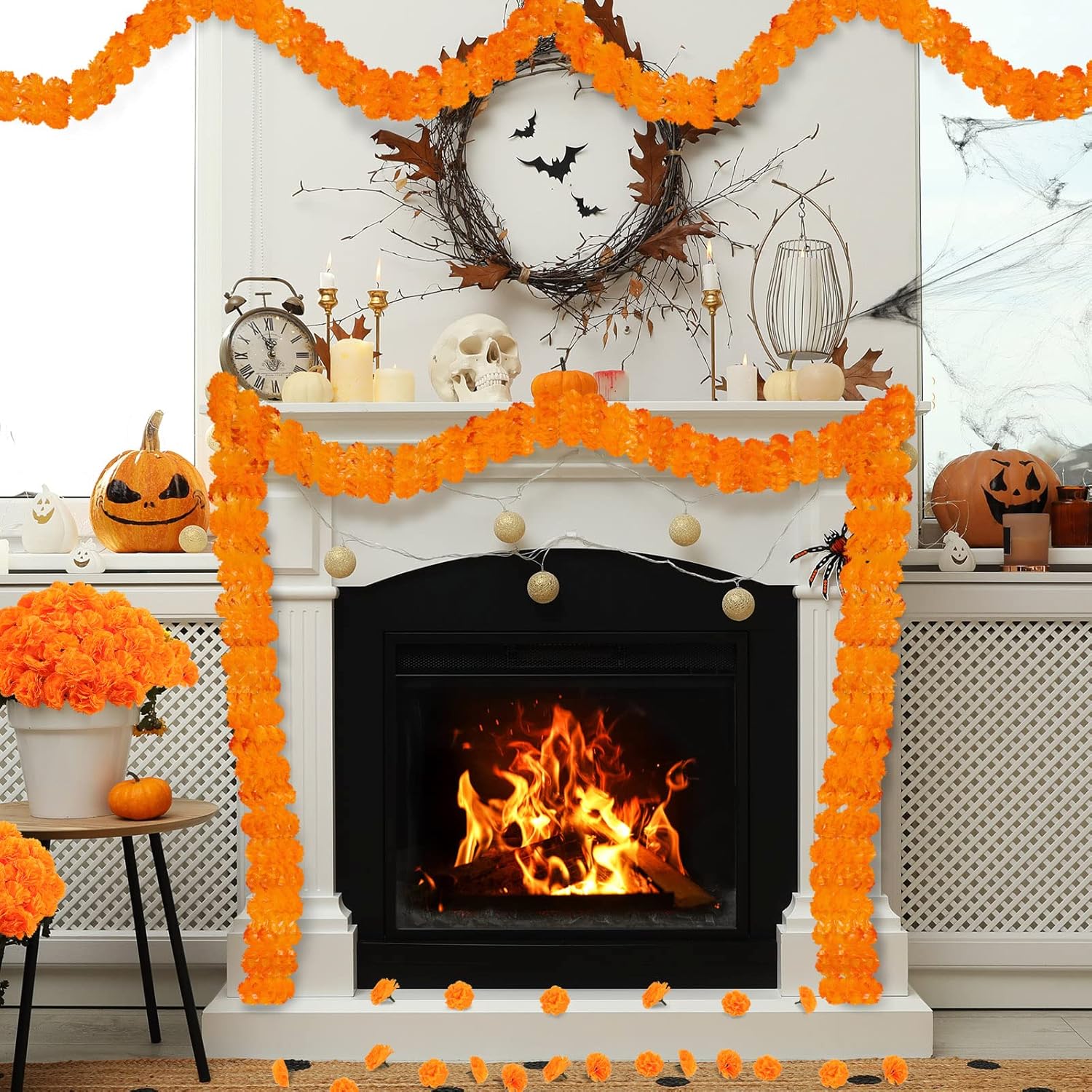 10 Pcs 5 Feet Artificial Marigold Garland and 80 Pcs Marigold Flowers Mexican Faux Fake Marigold Flowers Orange Fall Garlands for Diwali Home Decor Indian Wedding Party DIY Halloween Wreath, Orange