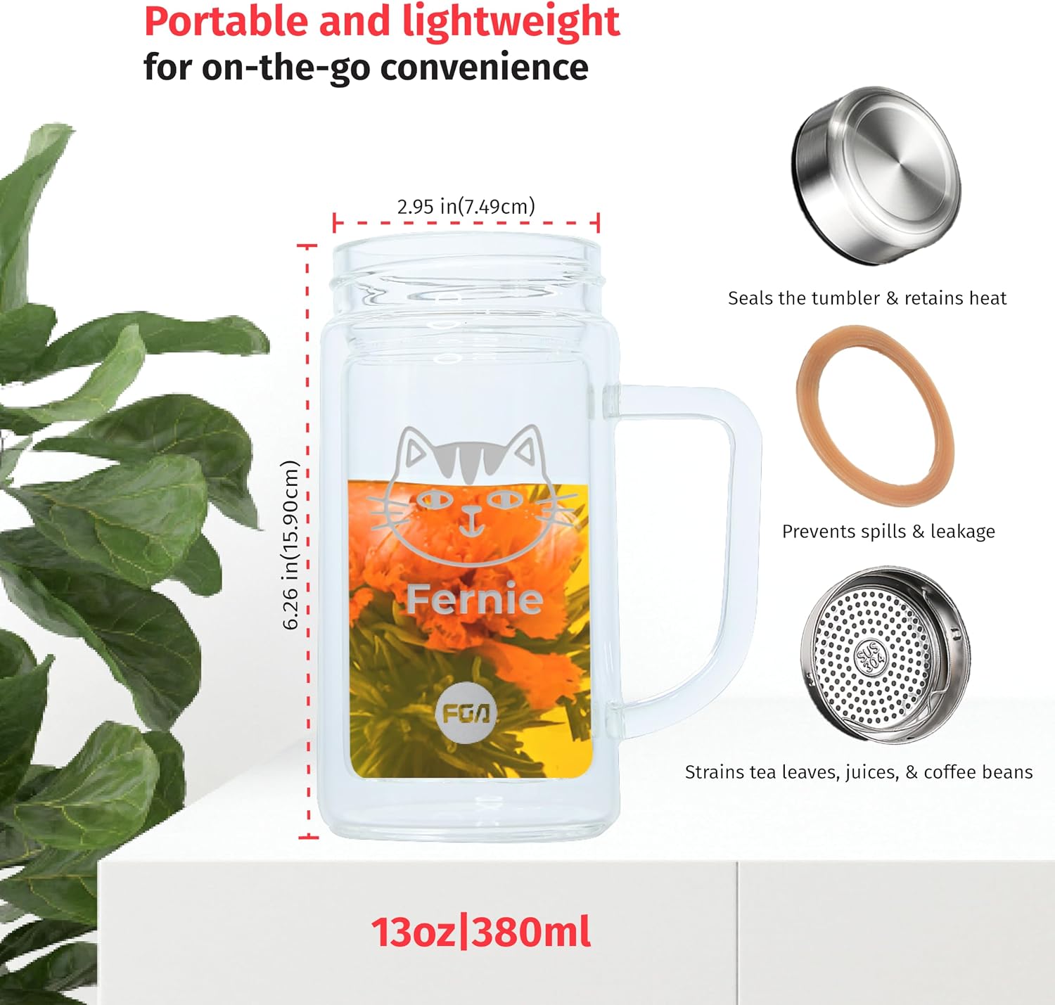 Custom 13oz/380ml Glass Infuser Tea Tumbler w/Handle, Durable Double-Walled Borosilicate Glass for Loose Leaf Tea & Coffee,304 Stainless Steel Lid & Strainer,Heat Resistant & Leak-Proof