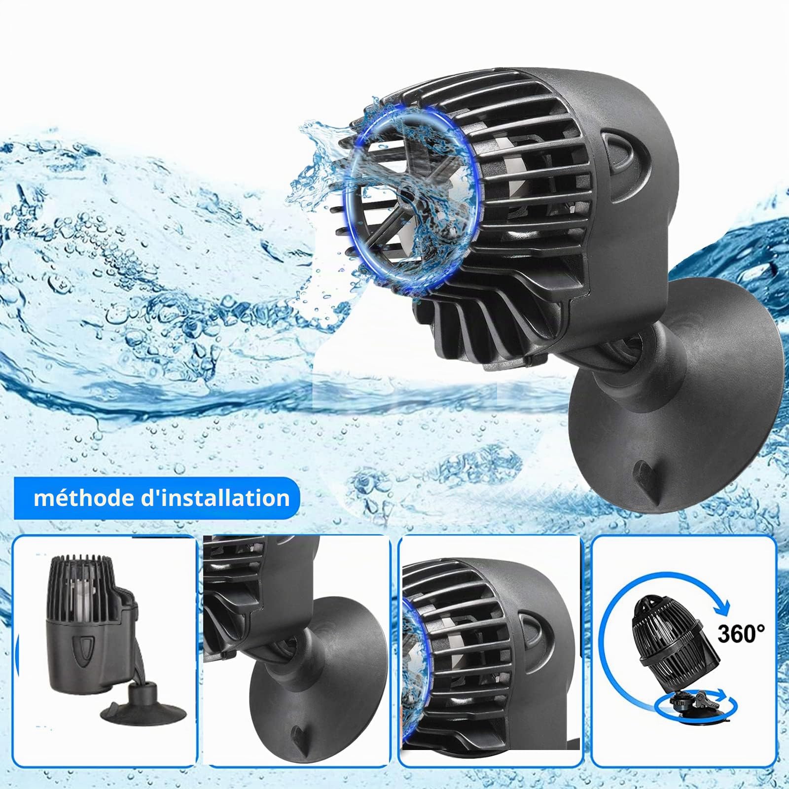 Pompe de circulation Wavemaker pour aquariums d'eau douce et d'eau salée 3000L/H 360° pivotante Noir
