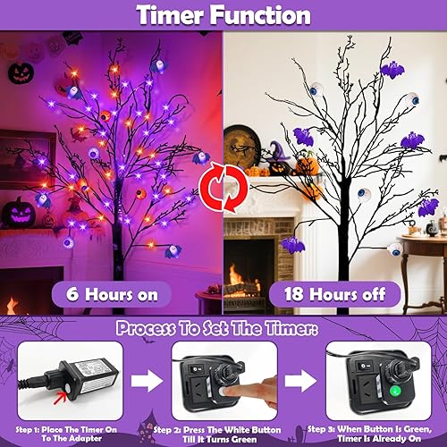 Miniatura 7 de Temporizador Decoración de árbol de Halloween naranja y morado de 5 pies con 64 luces LED y 3D iluminadas, 8 murciélagos y 8 globos oculares, adorno
