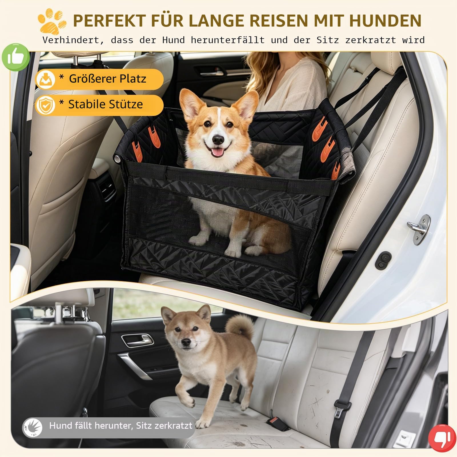 Hunde Autositz Rückbank für Großhunde,Sicherheitssitz mit Befestigungsgurt, Rutschfester & Wasserdichter Hundesitz als Hundebett für Auto, SUV