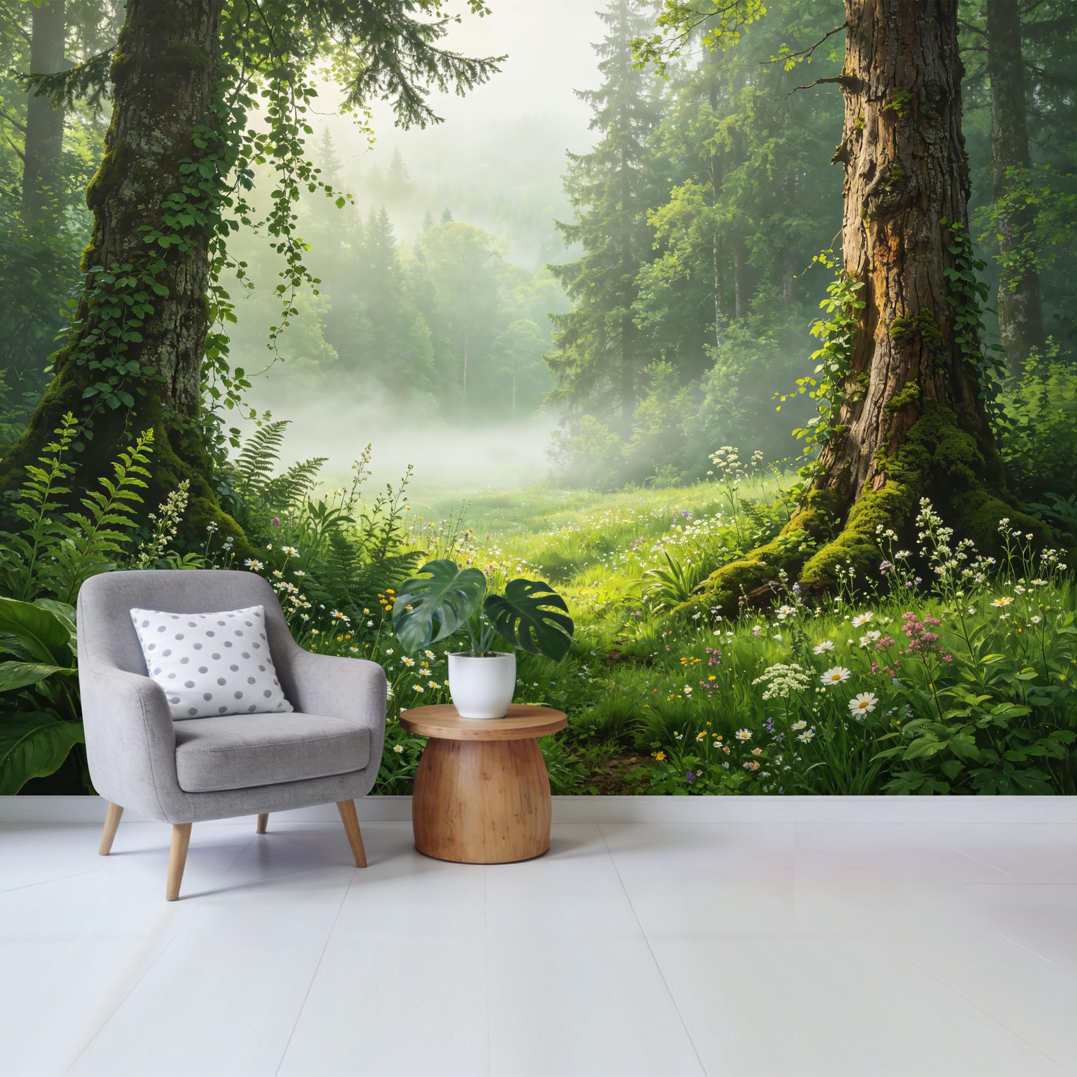 Qzlithotic Yq2605250684 Custom Size Wall Mural Misty Morning Forest Wildflower Meadow Botanical Landscape Selfadhesive Wall Fabric Removable Wallpaper For Home Office Decor