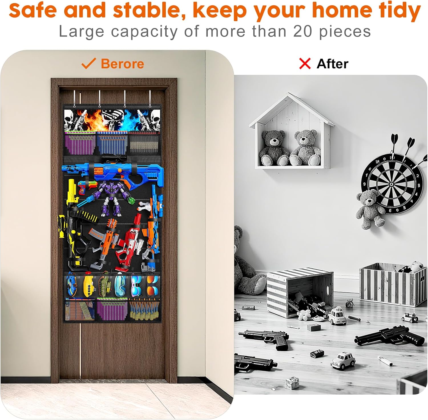 Over the Door Organizer for Toy Guns,Toy Gun Storage and gun accessories, Toys Storage Door Hanger with Pockets and Slots for Kids Rooms, Game Rooms