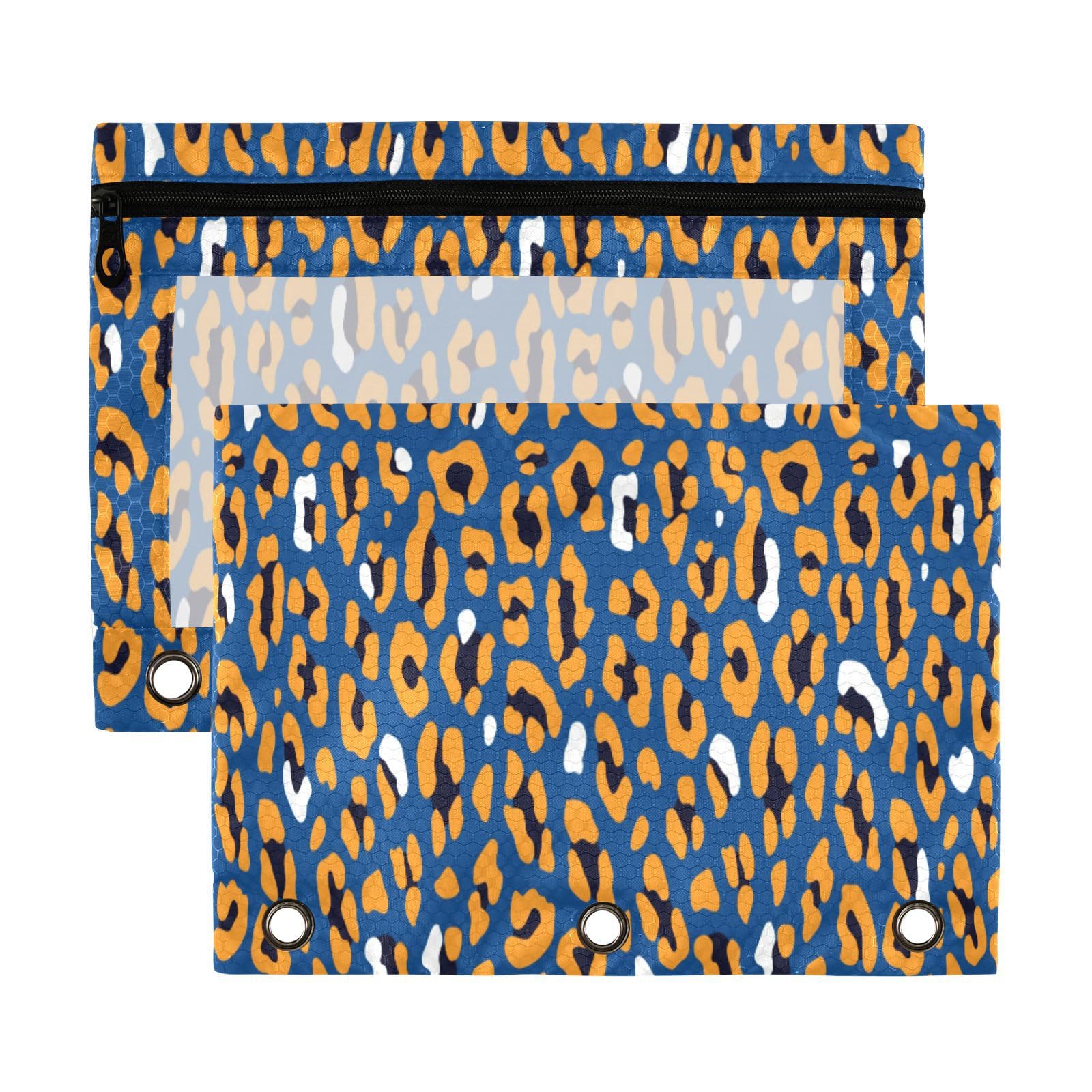 2 Pack Leopard Texture Pattern Binder Pencil Pouch 3 Ring Zipper Clear Window Pen Case Big Capacity Cosmetic Bag Storage Container for Storing Office Supplies Stylised Spotted Leopard Skin