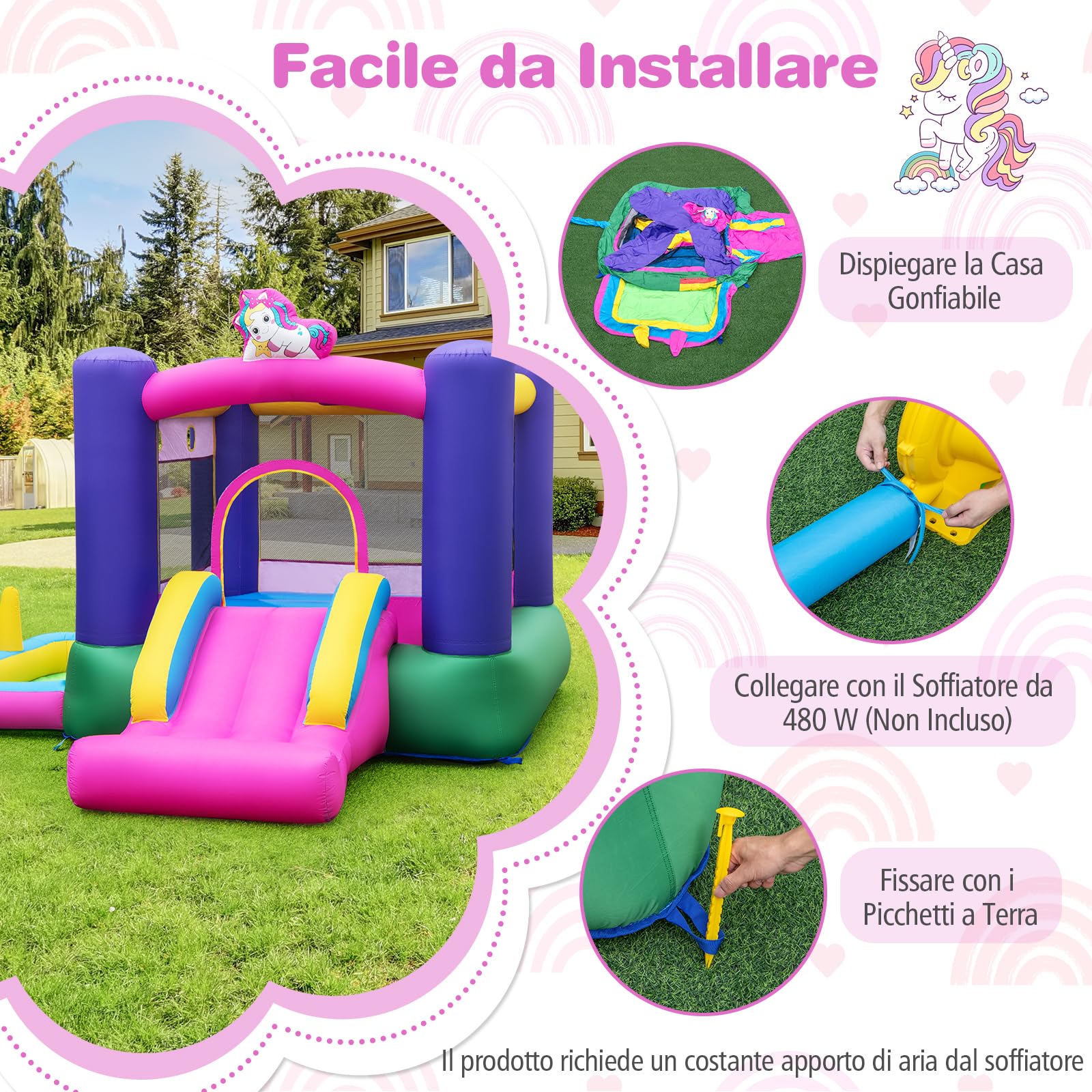 GYMAX Castello Gonfiabile da Interno/Esterno con Scivolo, Piscina di Palline, Canestro da Basket, Anelli e Palline, Centro Gioco per Bambini a Tema Unicorno, per Età 3-12 Anni