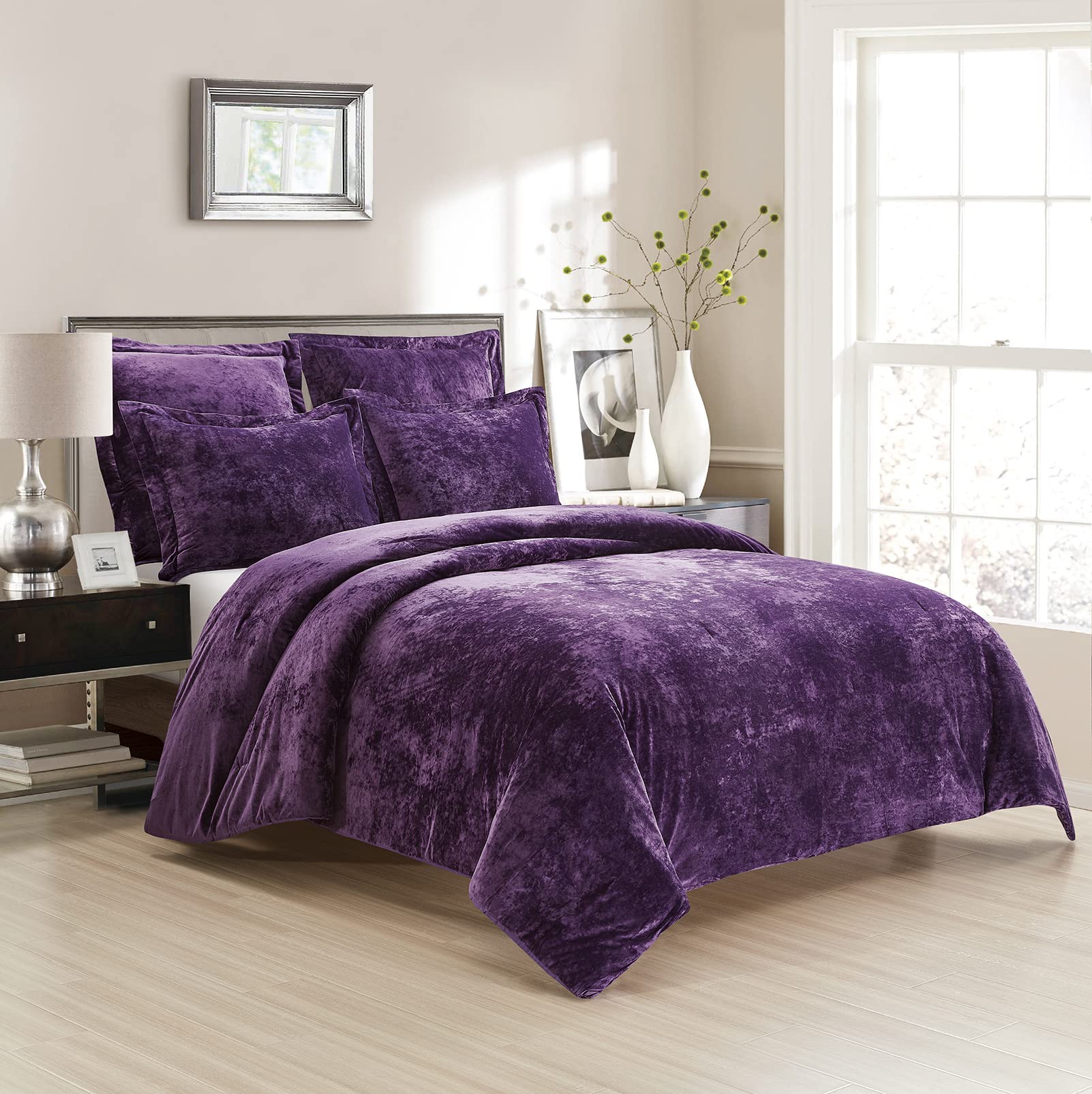 FANGTIAN.L Crushed Velvet Comforter Set Ultra Soft, Fast Warm,Comforter Bedding Sets 5 pcs(Dark Purple, King)