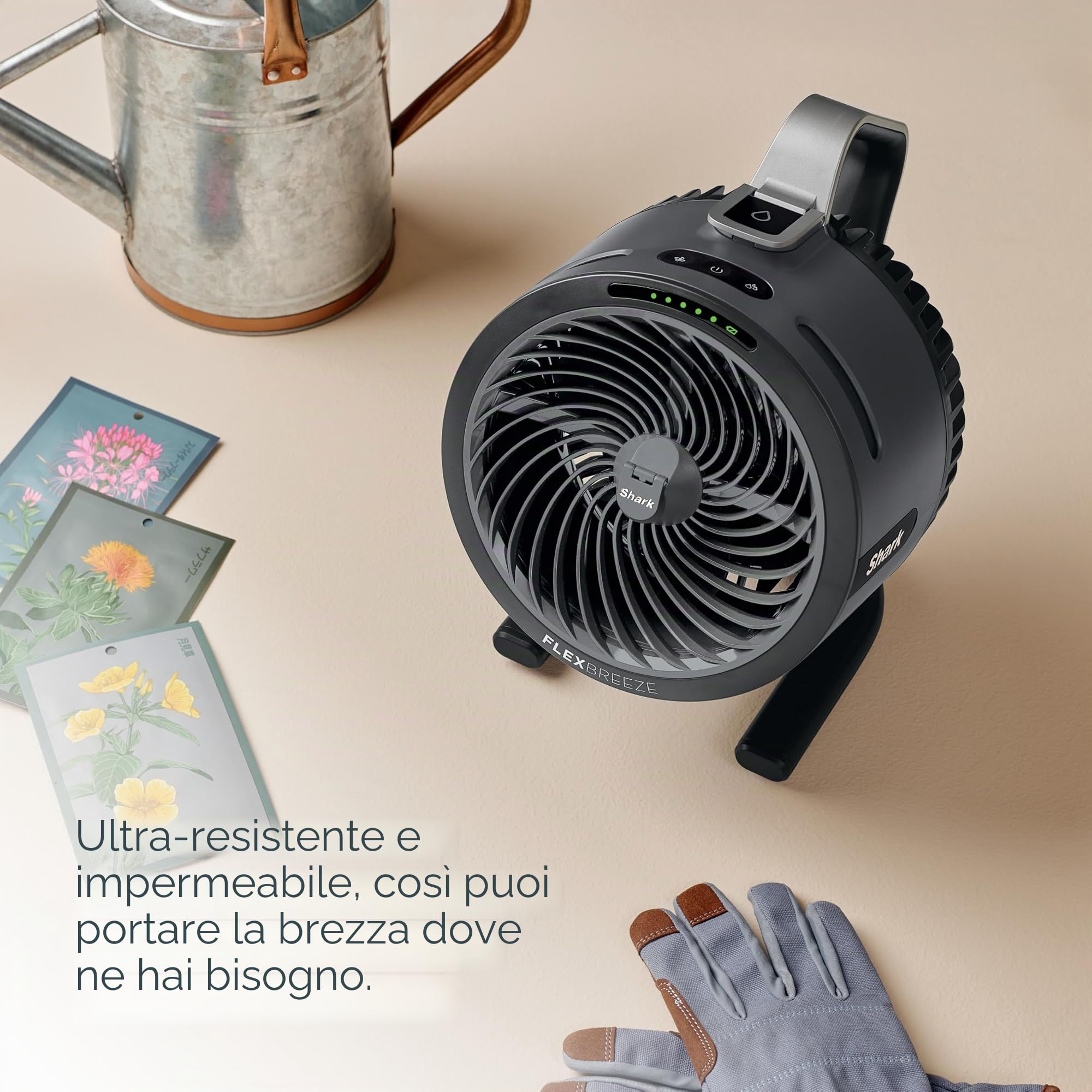Ventola Shark FlexBreeze HydroGo Pro, potente ventilatore portatile, per interni ed esterni, nebulizzazione evaporativa a secco con filo e cordless, 5 velocità, autonomia prolungata della batteria