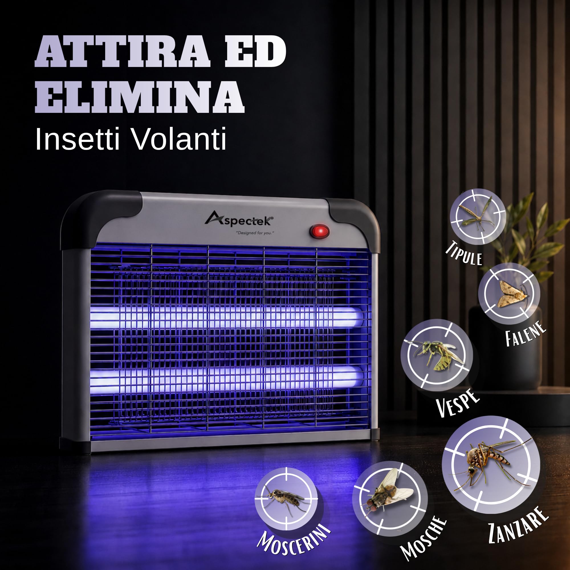 ASPECTEK Lampada Antizanzare Elettrica 20W 2800V – Sterminatore di Insetti e Mosche per Interni, Trappola per Insetti Volanti (Zanzare, Mosche, Moscerini), Include 2 Lampadine UV di Ricambio
