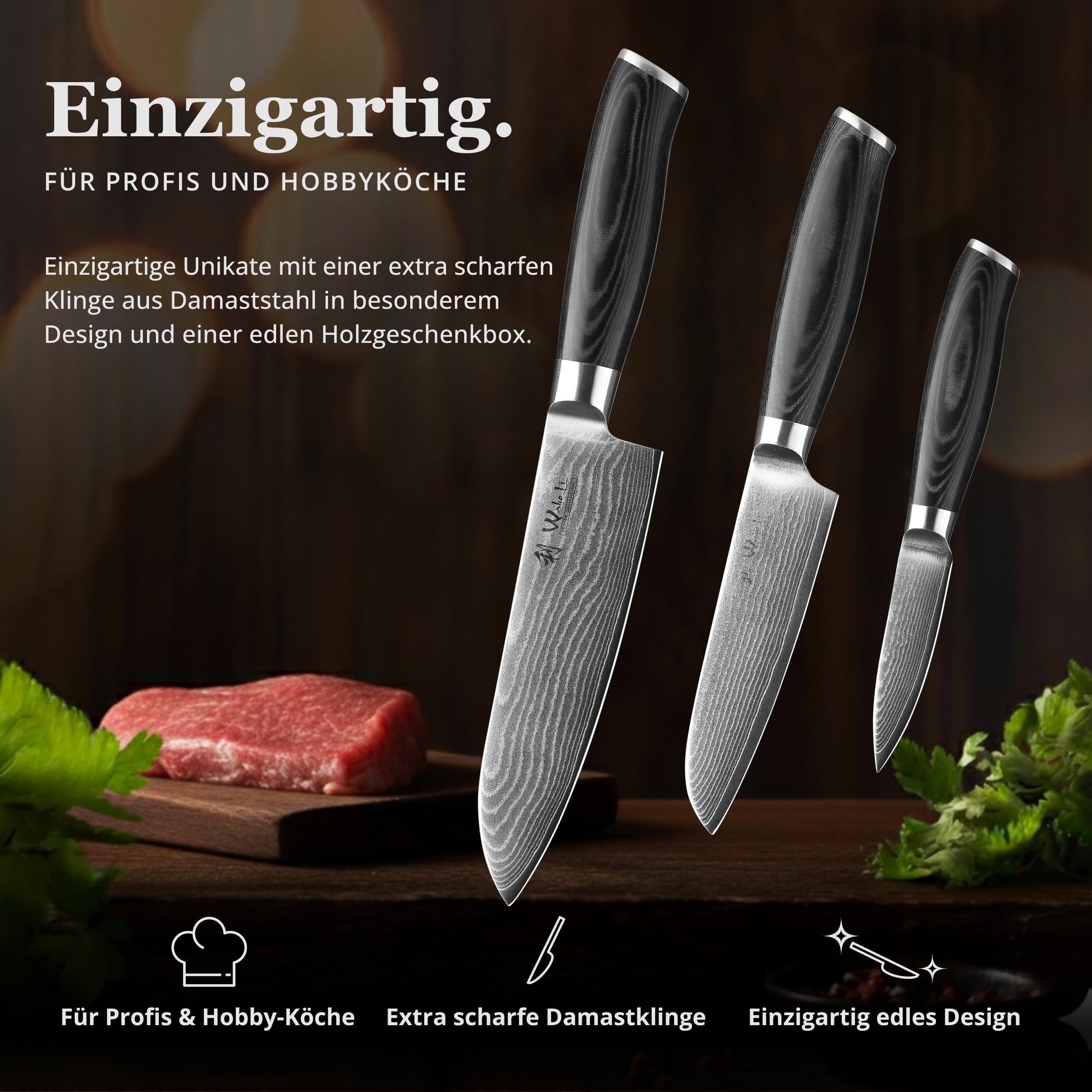 Wakoli Mikata 3-teiliges Messerset aus 67 Lagen Damaststahl mit VG10 Kern | Santoku, kleines Santoku und Officemesser; Micarta-Griffe, Geschenkbox, beidseitiger V-Schliff, für Fleisch, Fisch und Gemüse