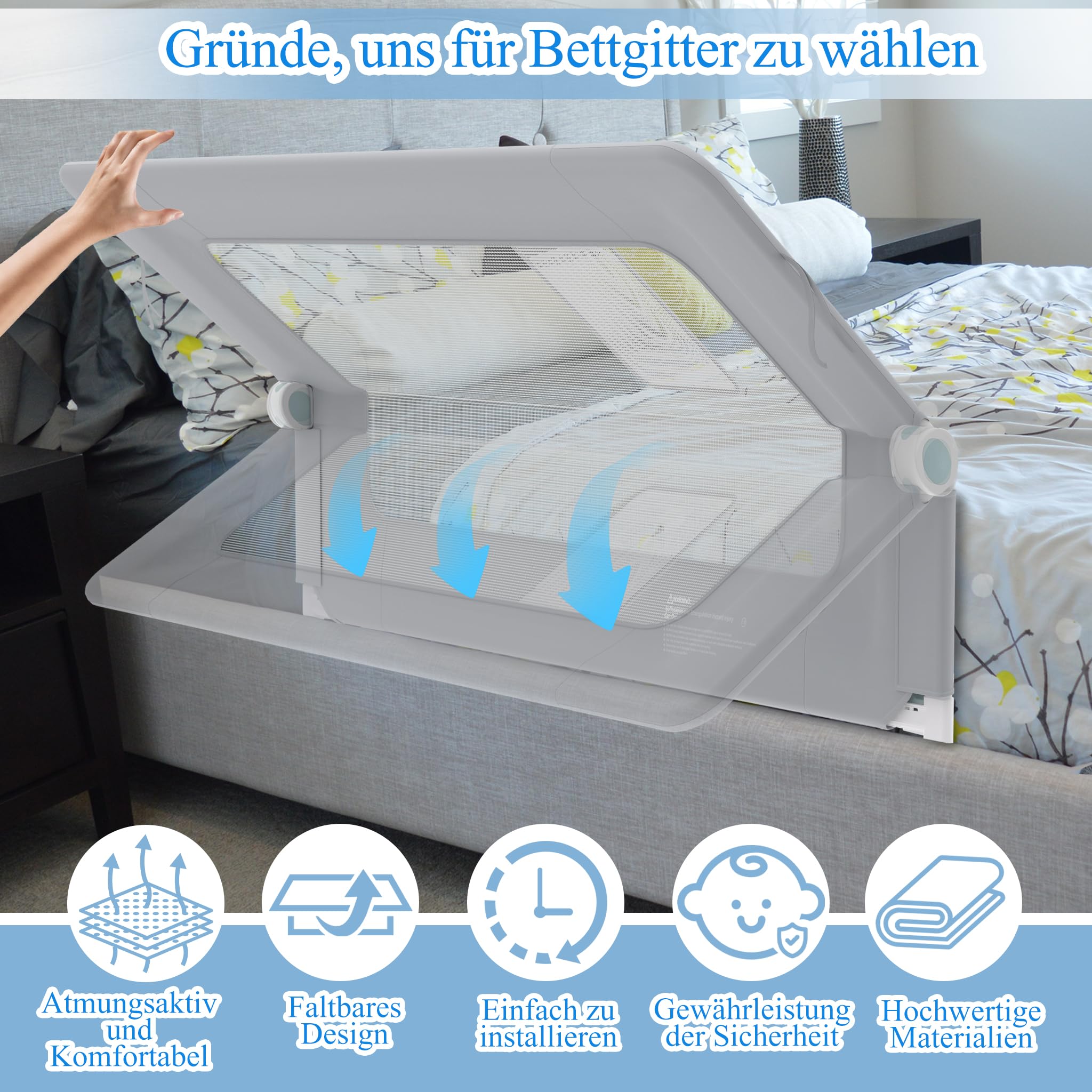 Aufun Bettgitter Rausfallschutz Portable 180cm, Faltbar Kinderbettgitter für Kinder Babybettgitter Klappbar, Tragbar, Bettschuztgitter Bett für Babys und Kinder im Elternbett, Grau