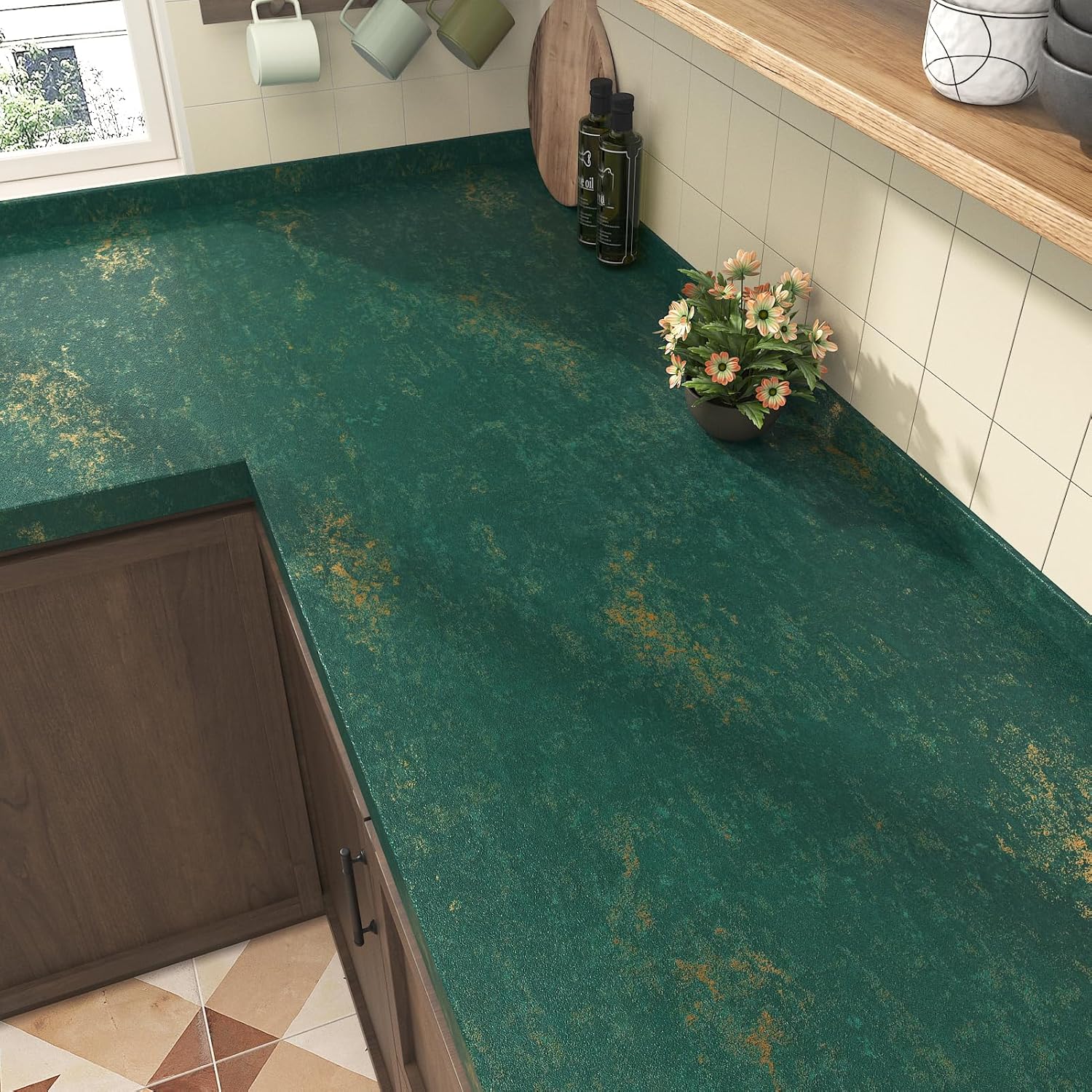 Wallercity Emerald Green Marble Contact Paper for Countertops Gold Textured Peel and Stick Marble Wallpaper for Bedroom Self Adesive Waterproof Granite Wall Paper Wrap for Cabinets Tables 15.8x78.7 IN