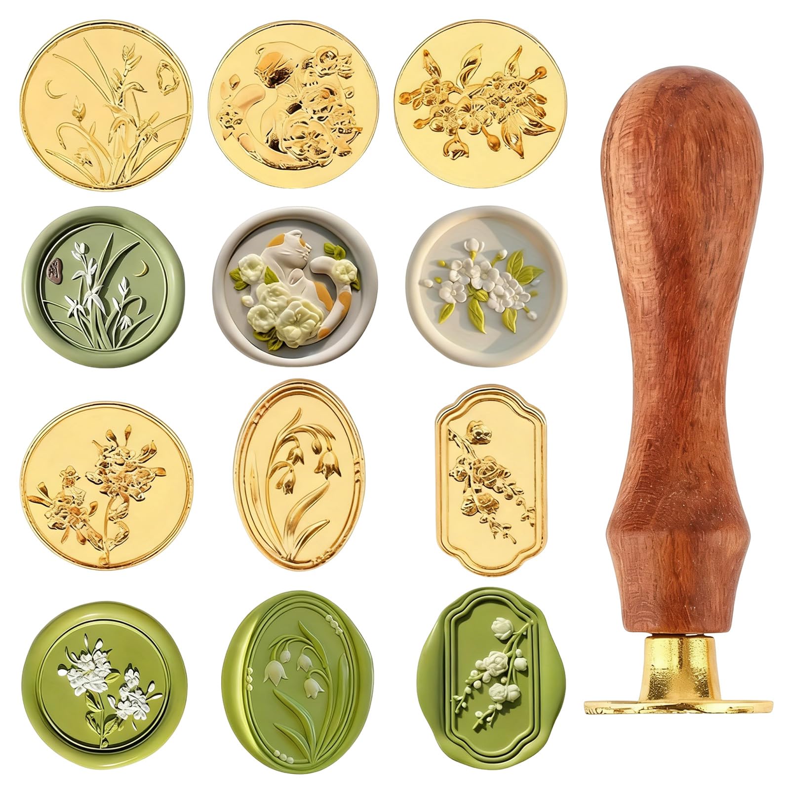 Wax Seal Stamp Kit with 6 Interchangeable Heads Removable Wooden Handle for Elegant Sealing on Envelopes Invitations Cards and Gift Wrapping