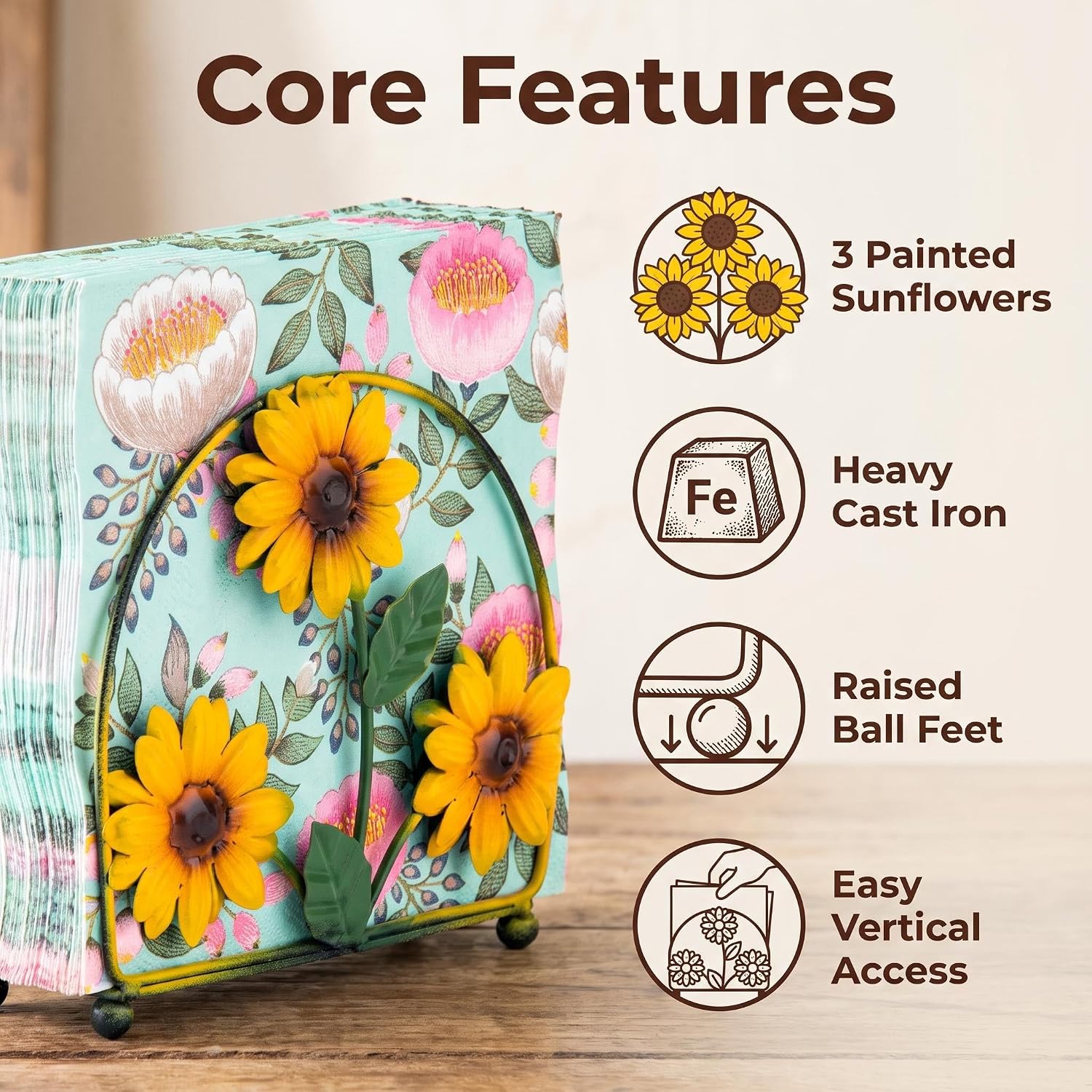 Sunflower Cast Iron Napkin Holder Metal Tissue Stand with Raised Ball Feet