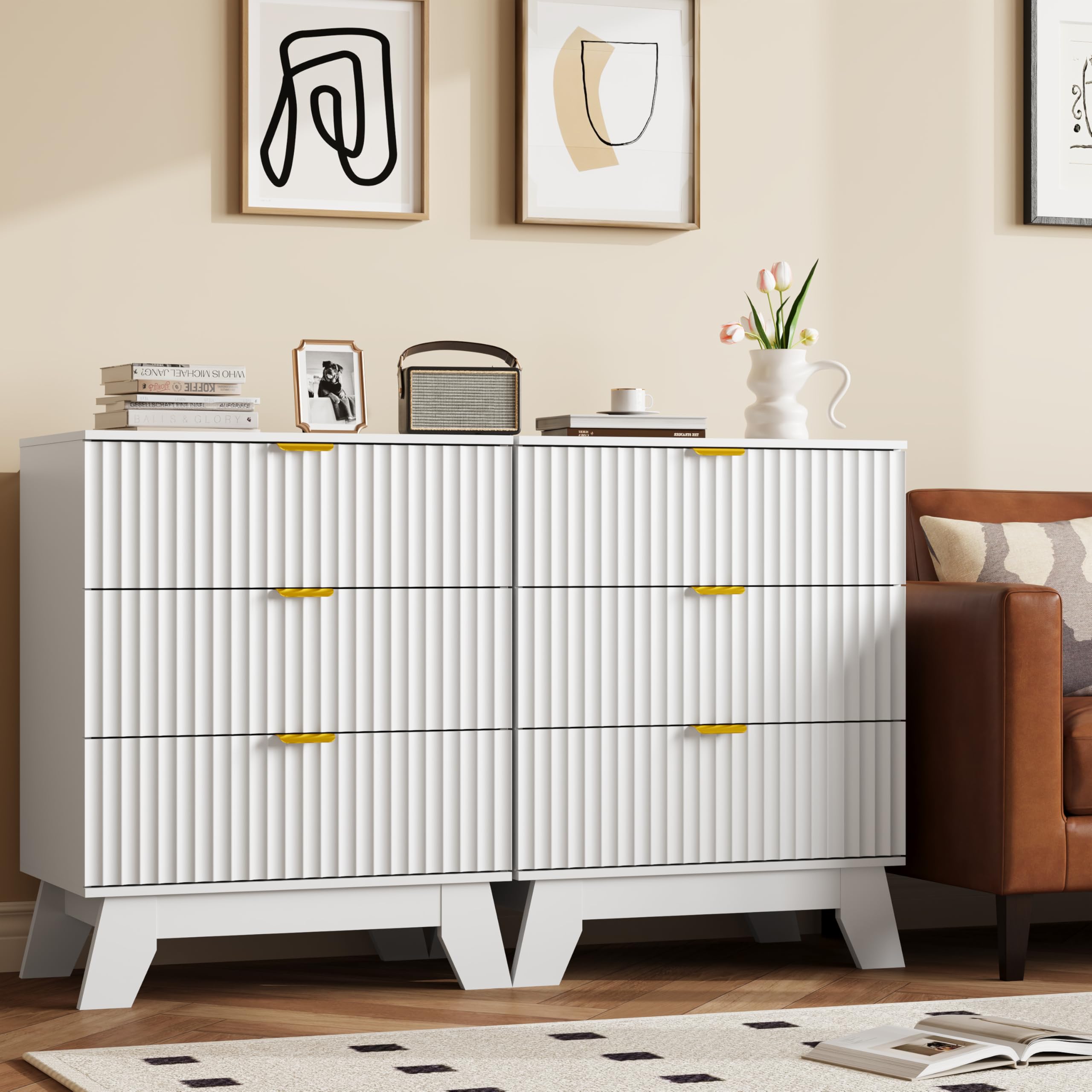 Fluted Nightstands Set of 2, Bedside Table with 3 Drawers, White