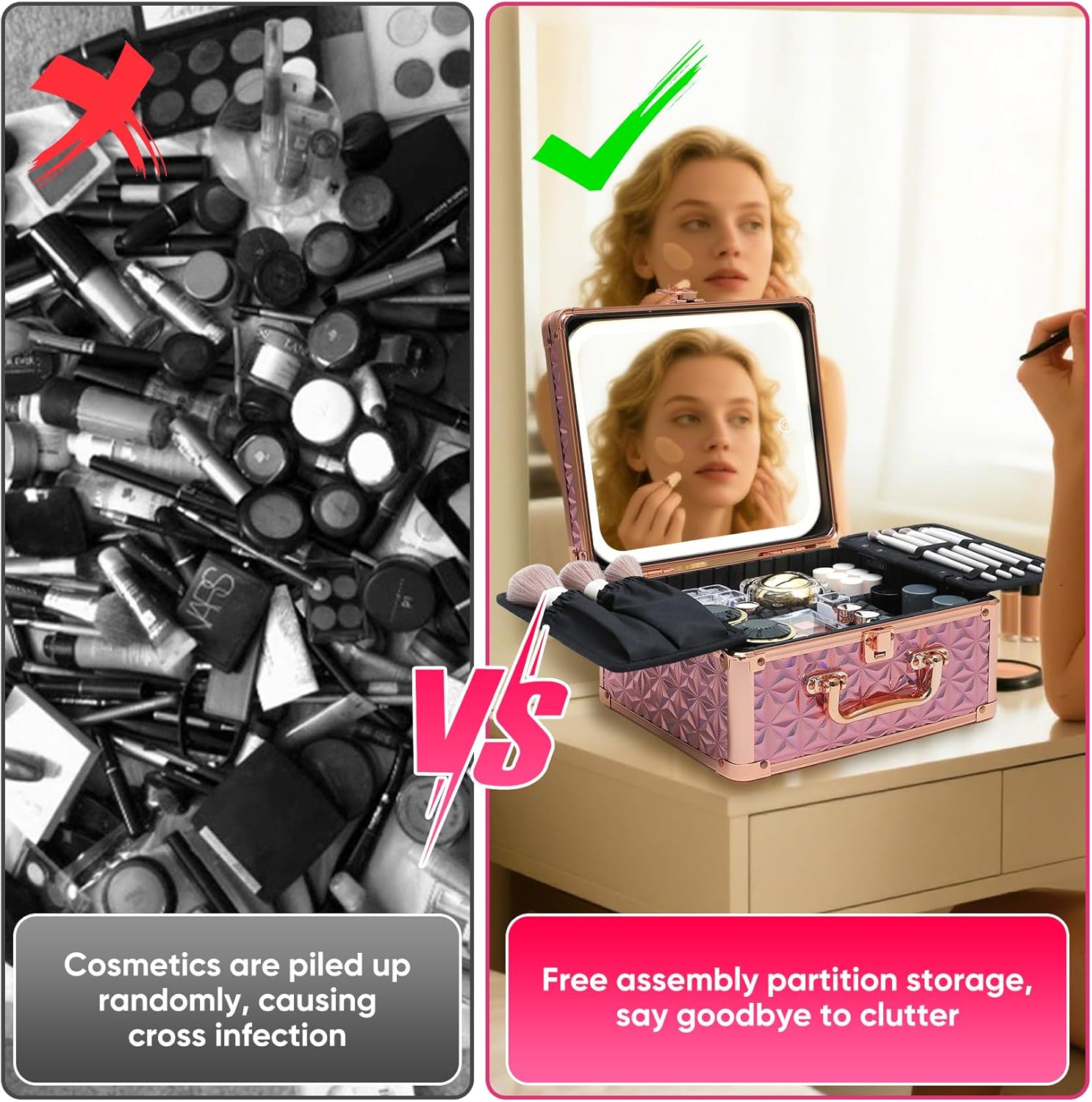 Makeup Box with Detachable Lighted Mirror–Travel Train Case, Cosmetic Storage Organizer & Makeup Suitcase with Adjustable Dividers & Magnetic LED Mirror (Pink)