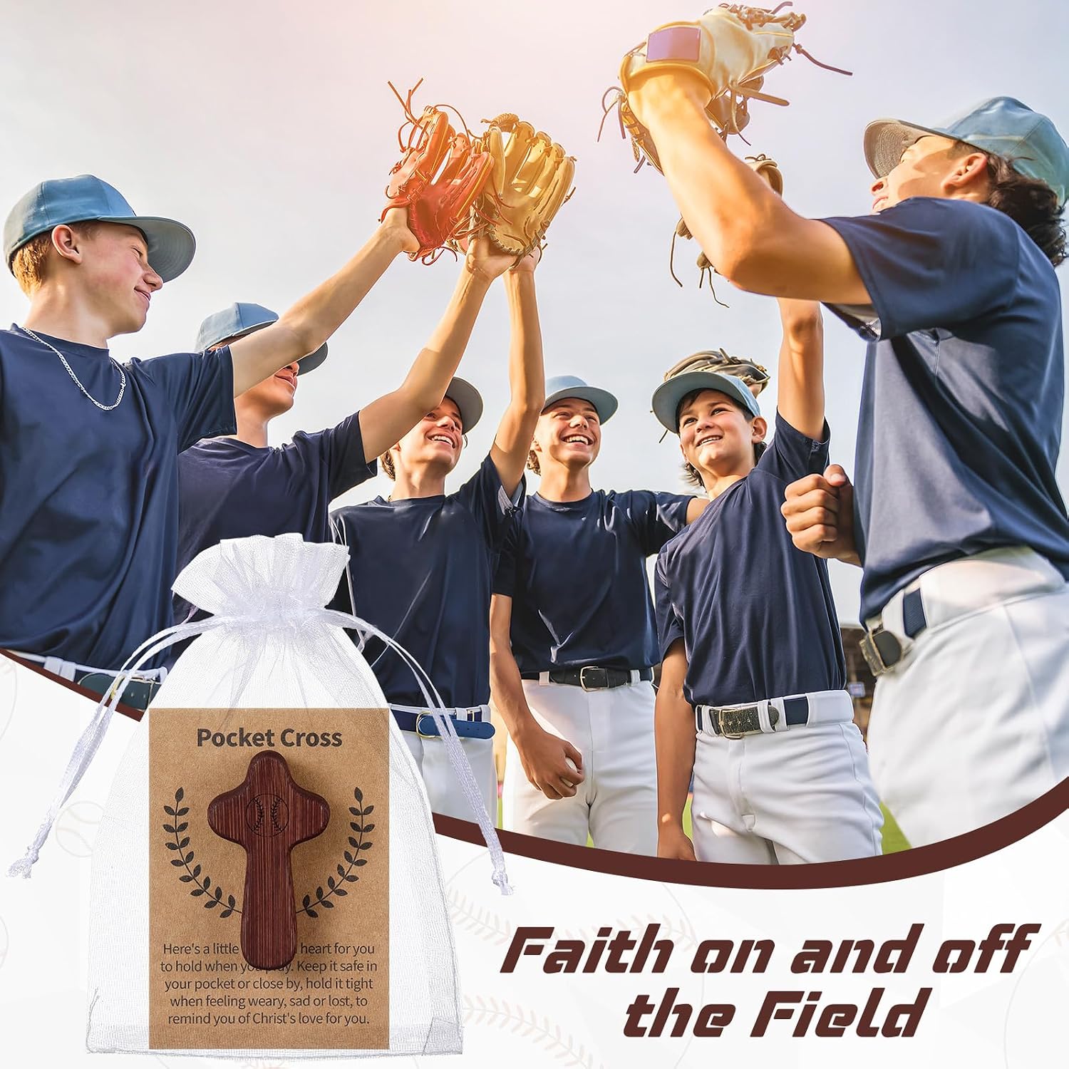 Lewtemi 12 Sets Wooden Baseball Pocket Cross Blessing Bulk, Christian Baseball Gift Religious Favor Fidget Cross with Prayer Card and Organza Bag for Athletes, Sports Team Keepsakes, First Communion
