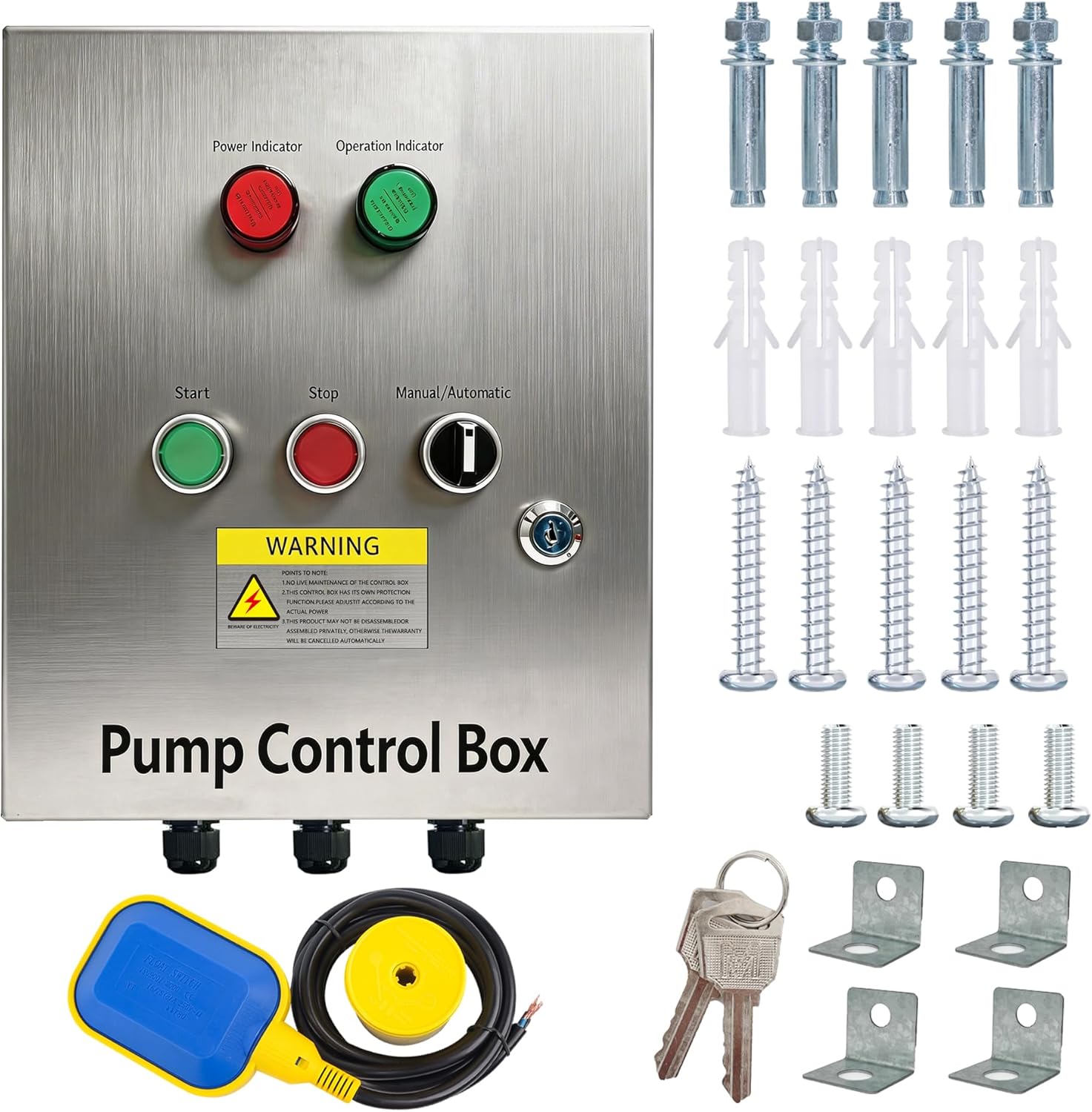 2HP well pump control Box, 208/240V single-phase three-wire system, equipped with an AC contactor and a pump start-stop device with a float switch
