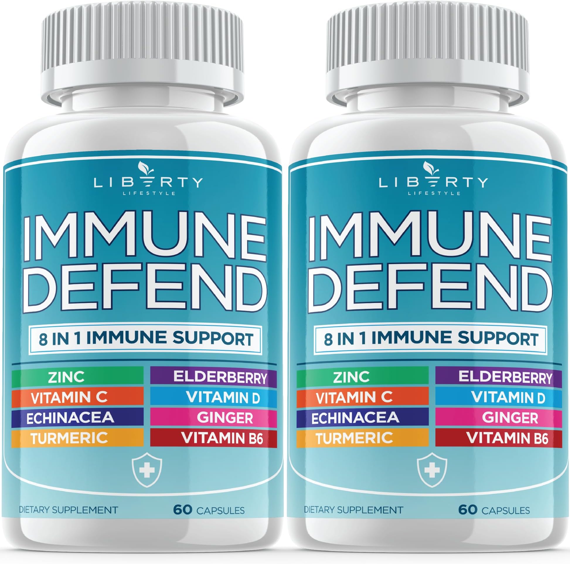 8 in 1 Immune Defense Support, Immunity Vitamins Supplement Booster Zinc 50mg, Vitamin C Elderberry VIT D3 5000 IU, Turmeric Curcumin & Ginger, Echinacea - Allergy Relief for Kids Adults (2 Pack)