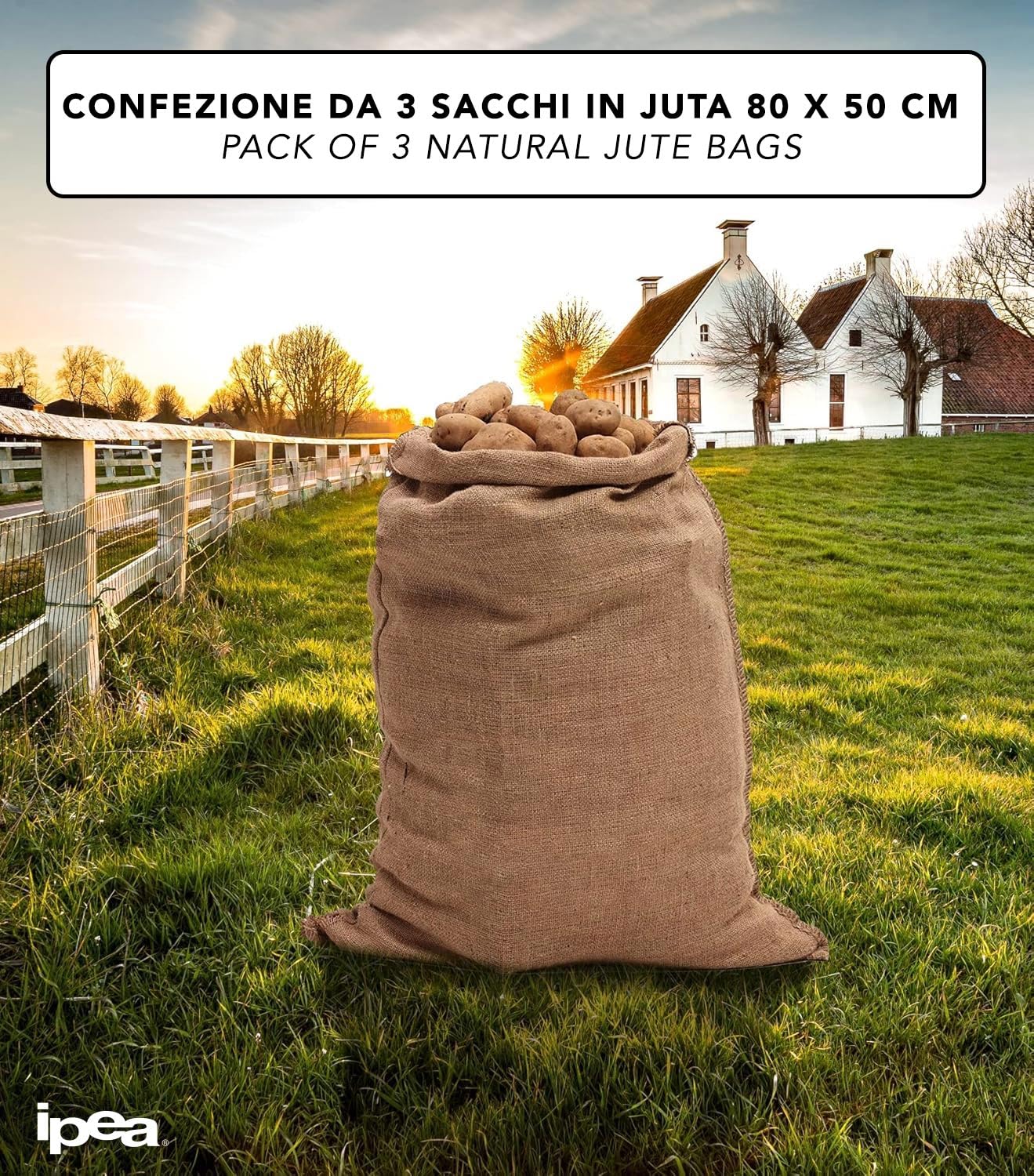 IPEA Sacchi in Juta di Grandi Dimensioni – 80 x 50 cm – Made in Italy – 3 unità – Sacco in Iuta Tessuto Naturale per Fai da Te, Arredamento, Giardinaggio, Contenitore di Oggetti