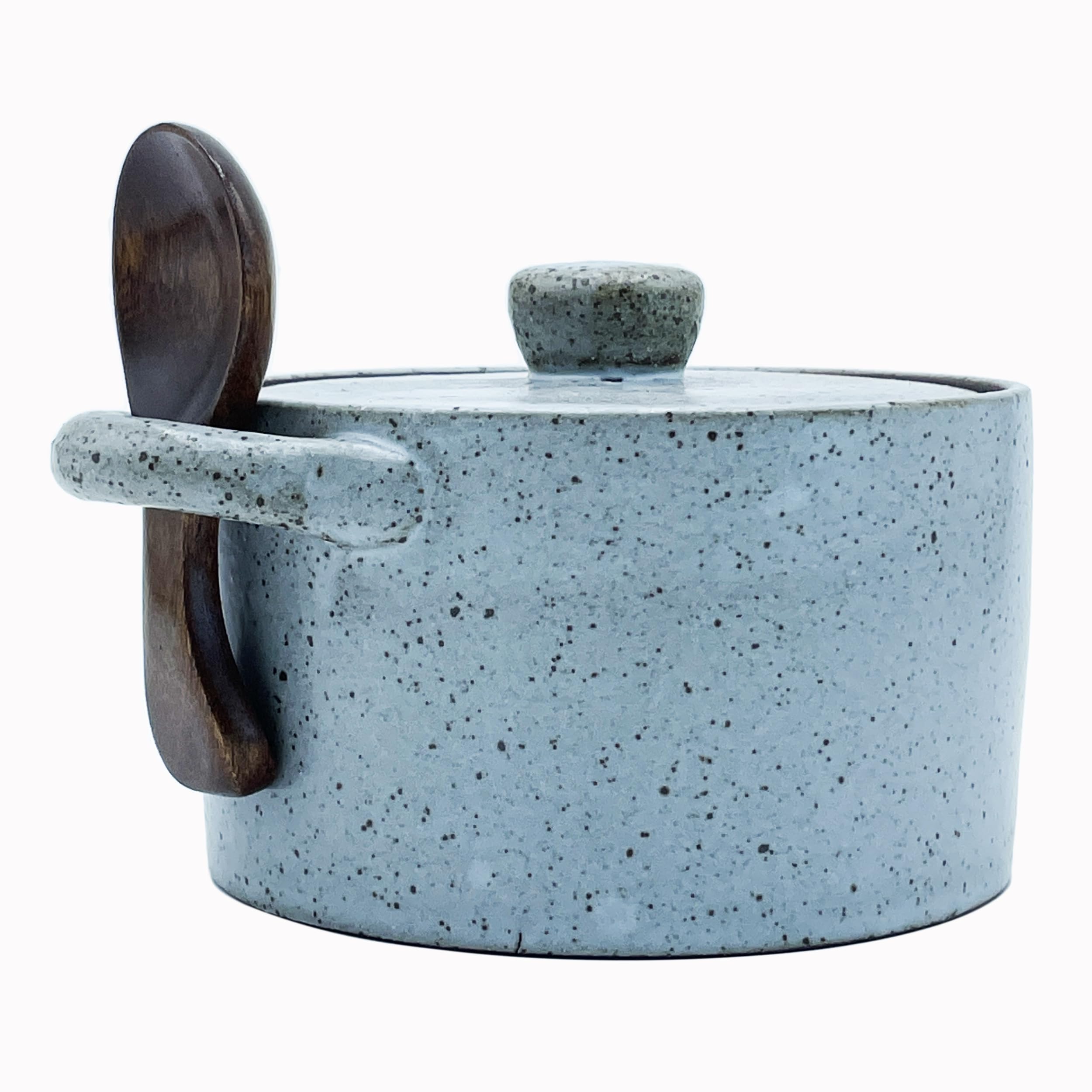 Yilushenghua Gray B 12 Oz Ceramic Salt Cellar With Lid & Wooden Spoon,Countertop Salt Container,Sugar Bowl,Spices Jar| Artisan Kitchen Decor(Gray)