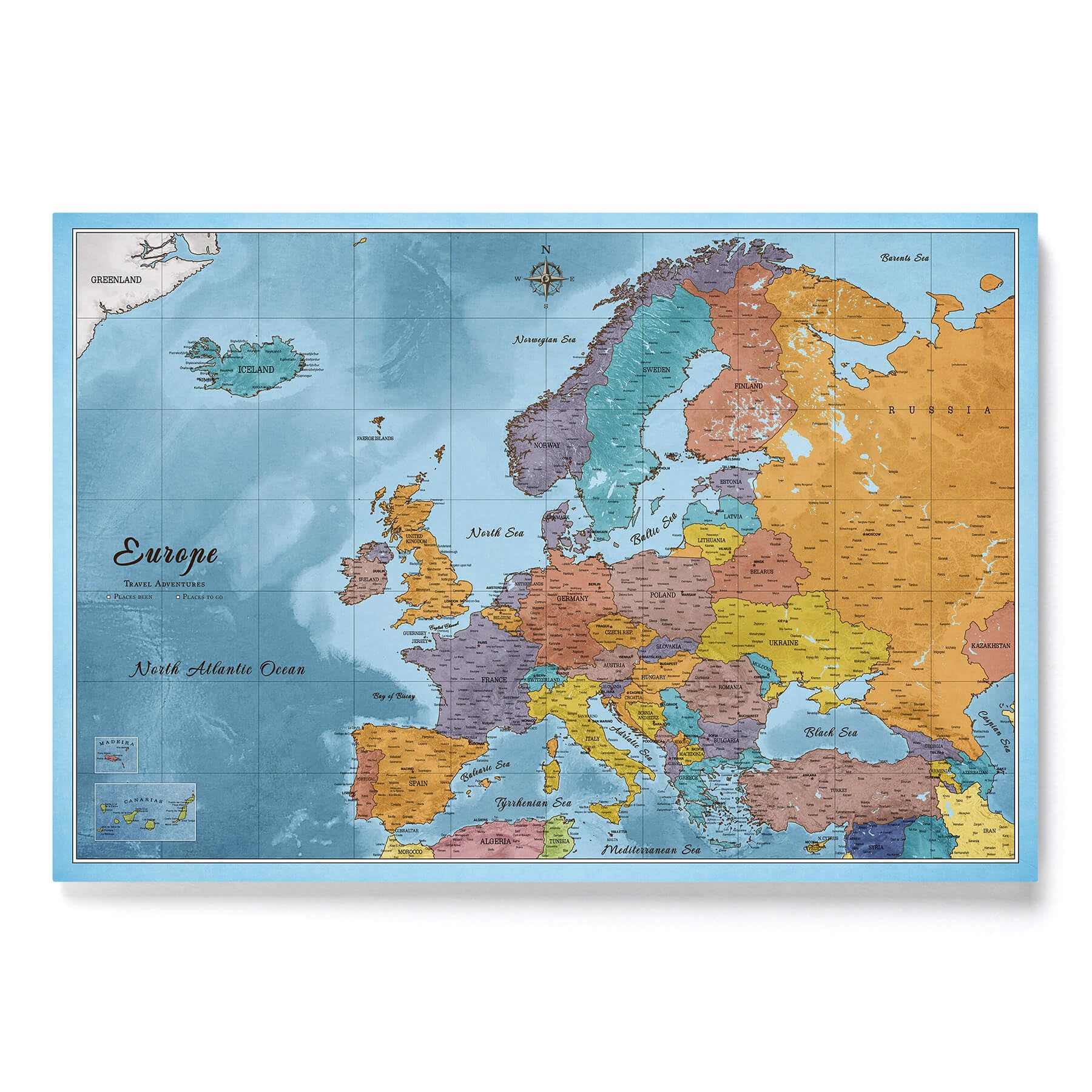 Canvas Europe Map with Cork Pin Board - Decorative Wall Decoration for All Rooms - Canvas Pictures with Europe Map Motif (70x50 cm, Pattern 10)