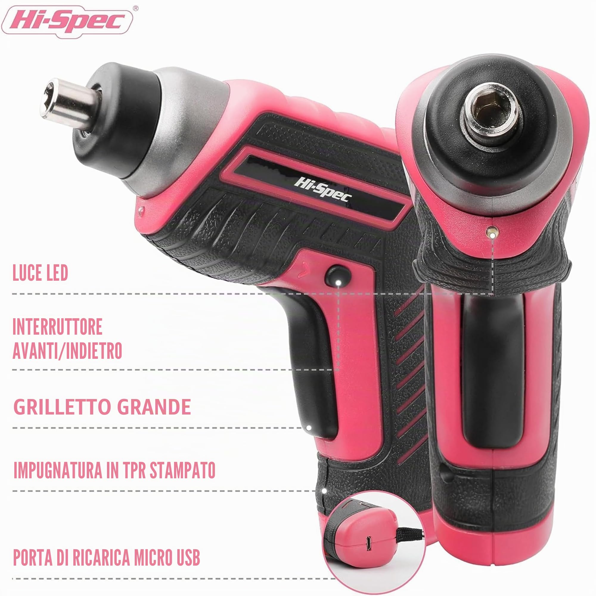 Hi-Spec Avvitatore Elettrico 3.6V USB, Kit Riparazioni Domestiche, Rosa | montaggi e riparazioni più rapidi, controllo facile e uso intuitivo, design leggero per lavorare senza fatica, 35 pc