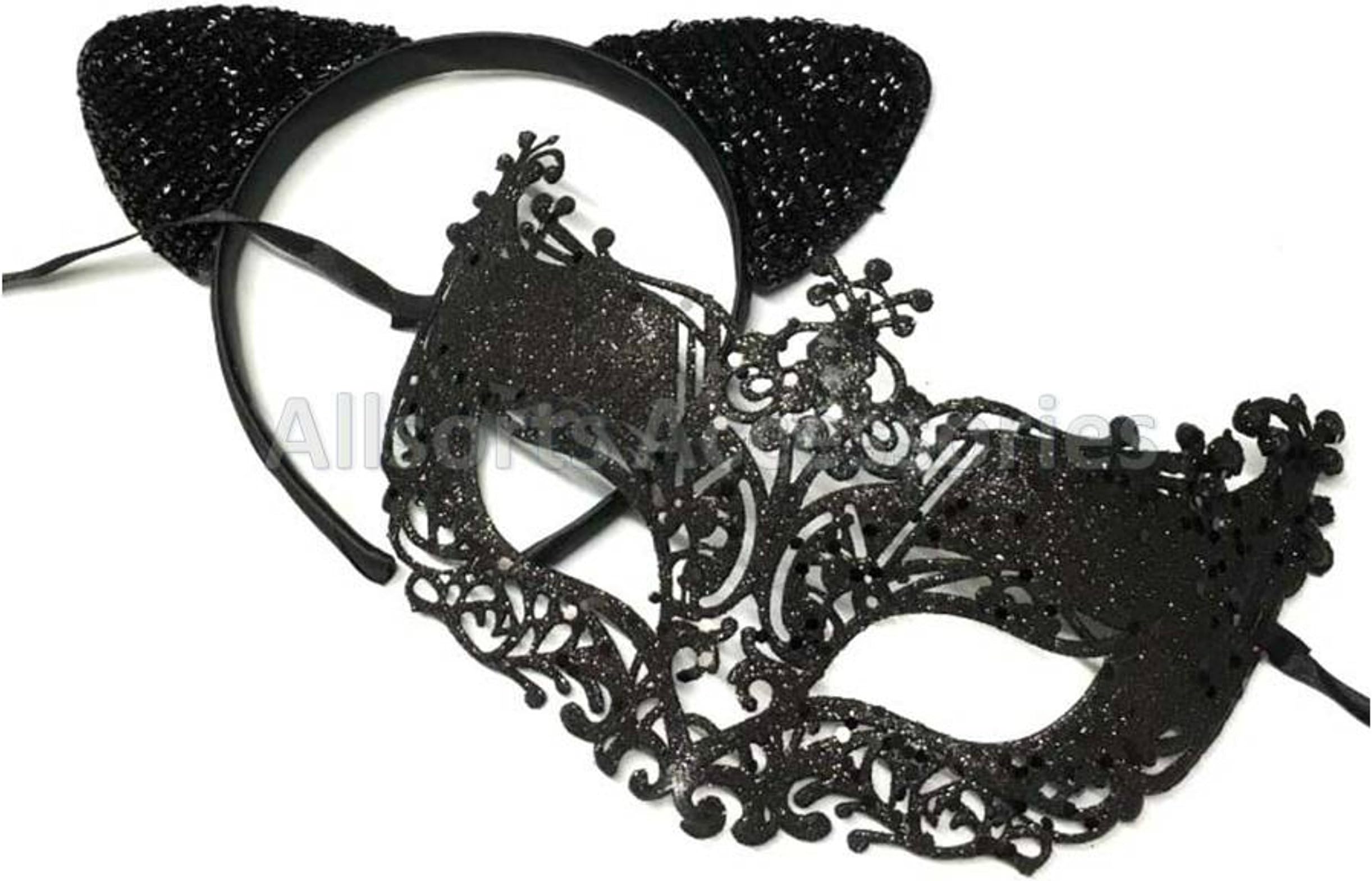 Black Cat Costume with Black Glitter Mask and Velvet Cat Ears