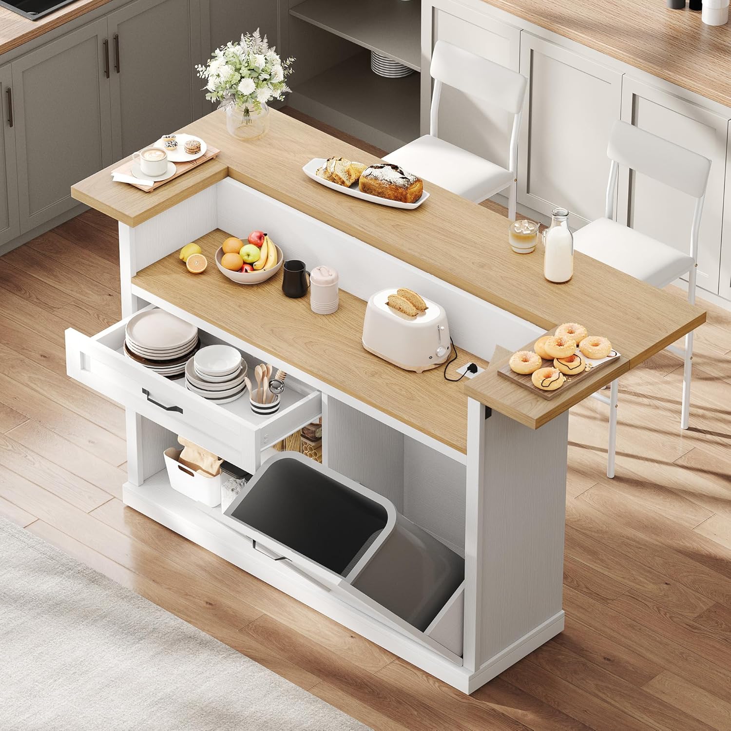 Kitchen Island with Seating, Rolling Kitchen Islands with Storage, 55" W Large Island Table, Breakfast Bar Counter with Drop Leaf, Trash Can Cabinet, Power Outlet for Dining Room, White