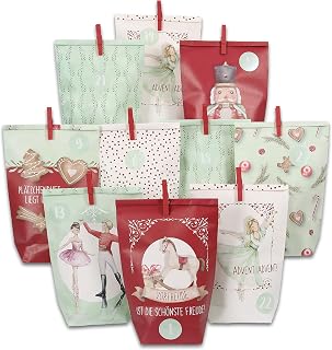 Papierdrachen Adventskalender 2025 zum Befüllen - Nussknacker-Motiv - 24 Papiertüten in Rot & Mint mit Zahlenaufklebern & Klammern - DIY Bastelset