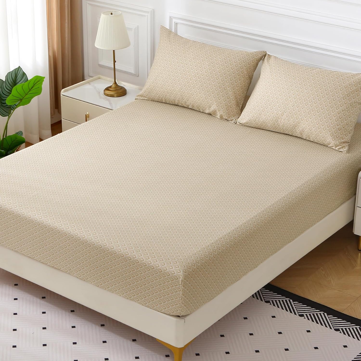 Bedding King Bed Sheets Set - 4 Piece Bedding - Brushed Microfiber - Shrinkage and Fade Resistant - Easy Care (Checkered Khaki, King)