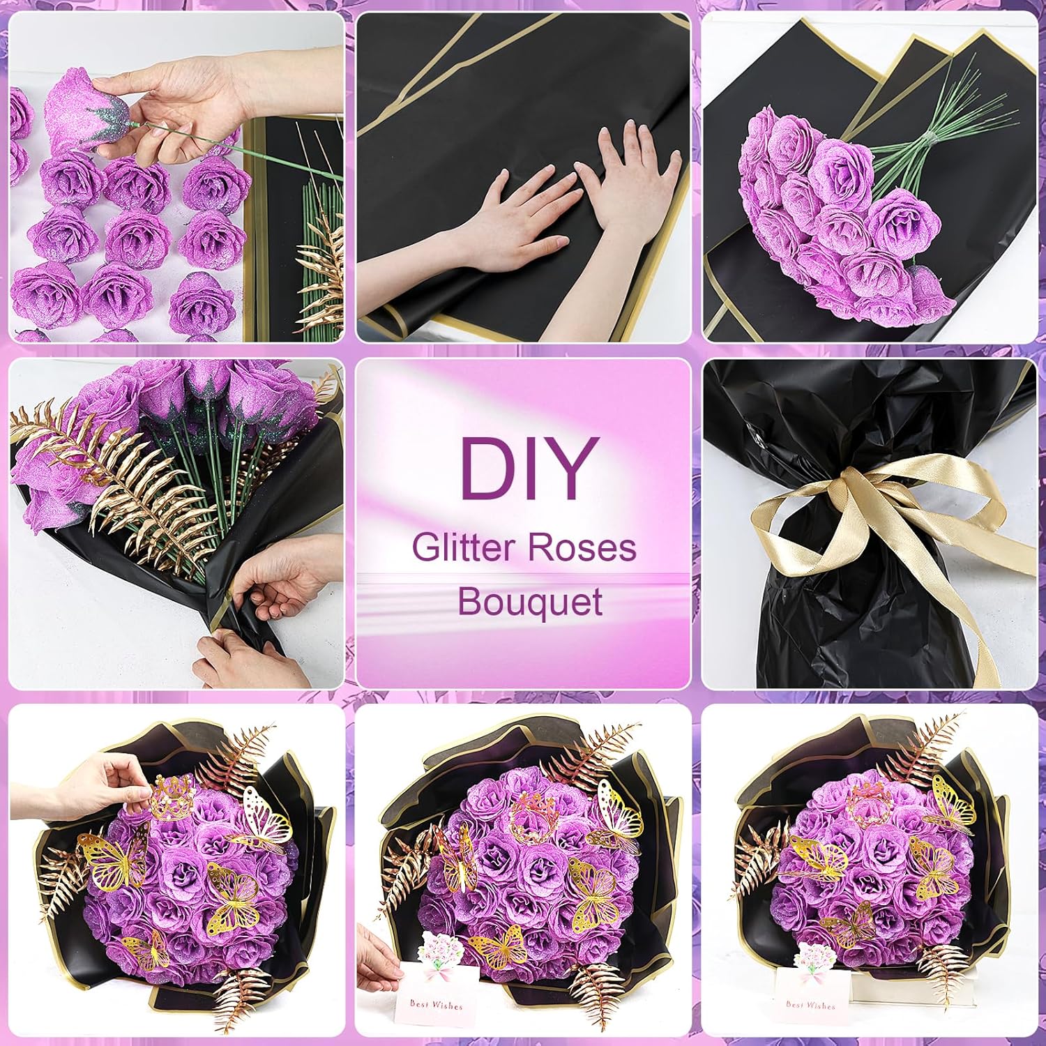 DIY Glitter Roses Bouquet 24Pcs - Light Purple Artificial Glitter Rose with Stems Wrapping Paper 3D Butterflies Crowns for Mother's Day Graduations Anniversary Birthday Wedding Bouquets,for Her - Image 2