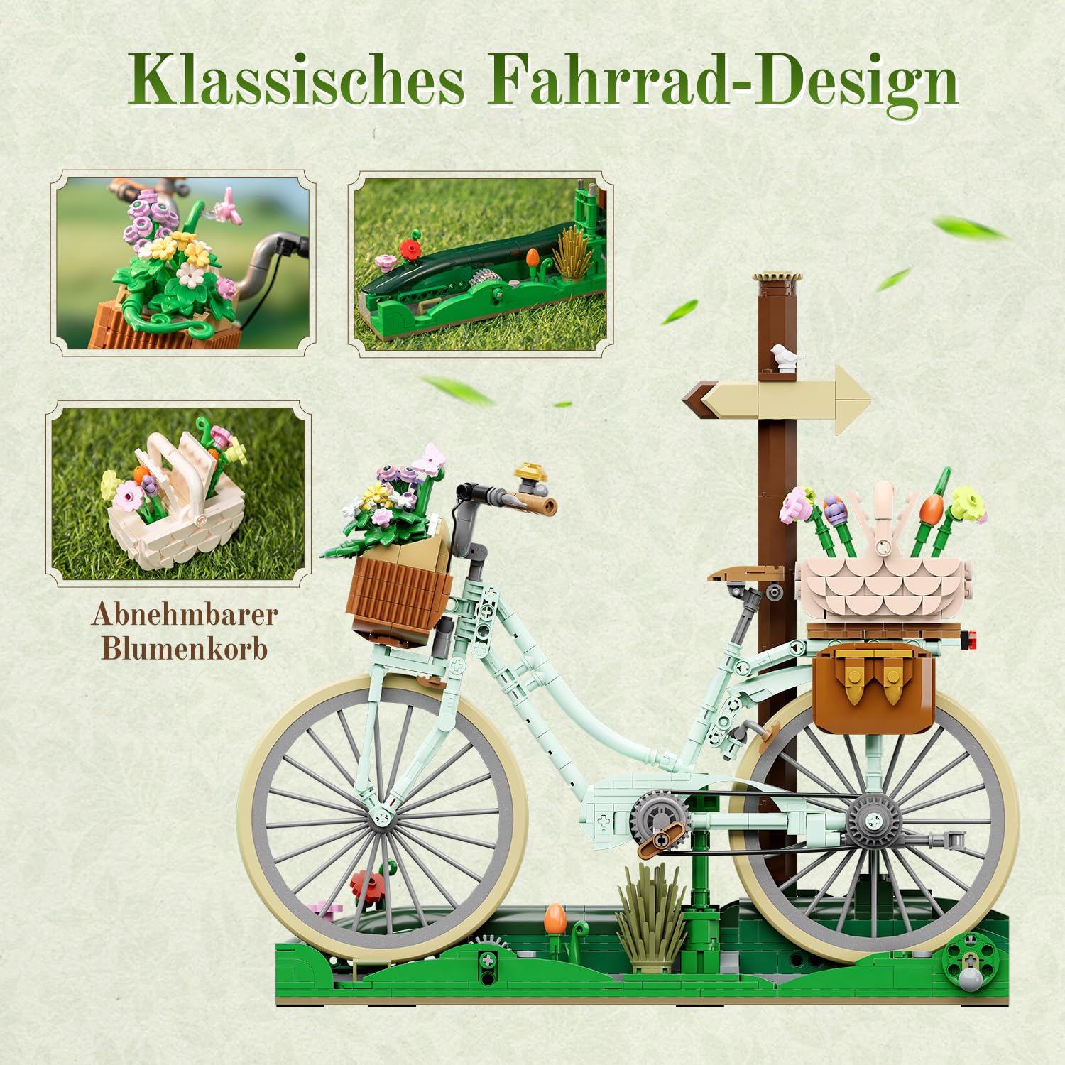 PANTASY Blumen Fahrrad Klemmbausteine Set, Vintage Deko Modell | Blumen Fahrrad Bauset für Erwachsene, Vintage Deko Modell mit Blumenkörben, Picknick Szene, Welpe, Geschenk