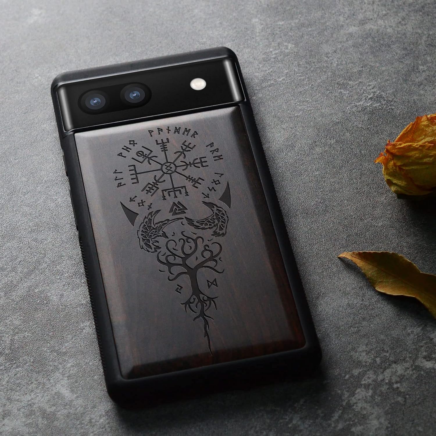 Carveit Wood Case for Pixel 6a Case [Natural Wood & Black Soft TPU] Shockproof Protective Unique & Classy Wooden Cover Compatible with Google Pixel 6a (Viking Compass-Blackwood)