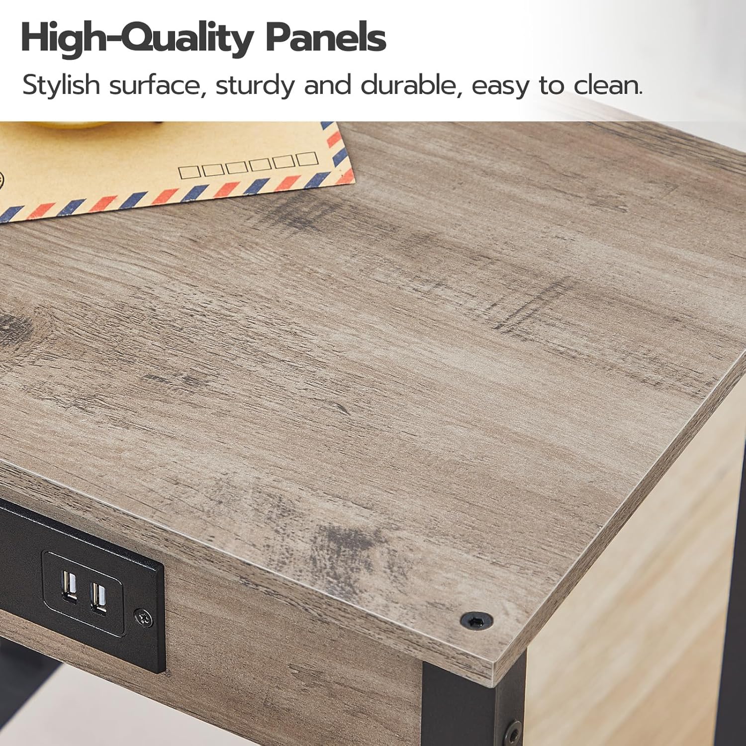 HOOBRO Side Table with Charging Station, Set of 2 End Table with USB Ports and Outlet, Nightstand with 2-Tier Storage Shelf, Faux Rattan Decoration, for Small Space, Greige and Black BG91UBZP201