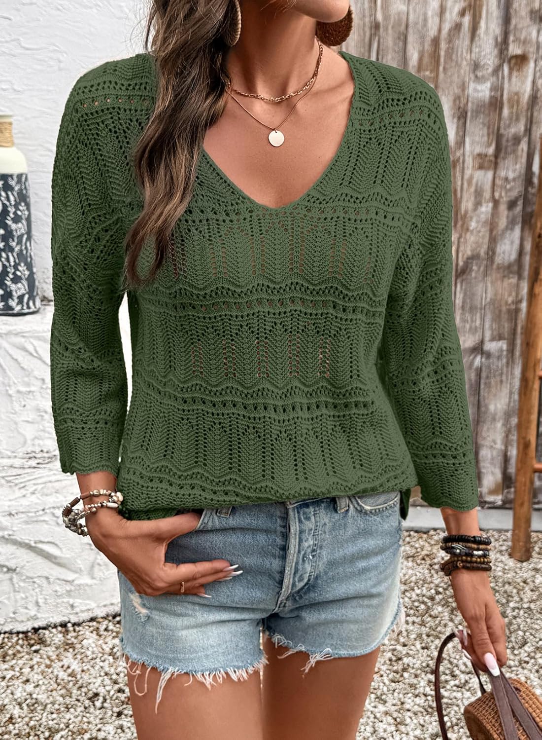 SHEWIN Womens Spring Tops Crochet 3/4 Length Sleeve Pullover Sweater Oversized Summer Shirts Trendy Beach Vacation Clothes - Image 3
