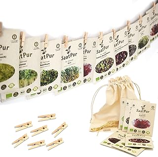 SaatPur® Bio Sprossen Samen Adventskalender, Nachhaltiger Weihnachtskalender Microgreens Keimsaat Keimsprossen Saatgut mit Sprossensack Leinen Beutel zum Aufhängen