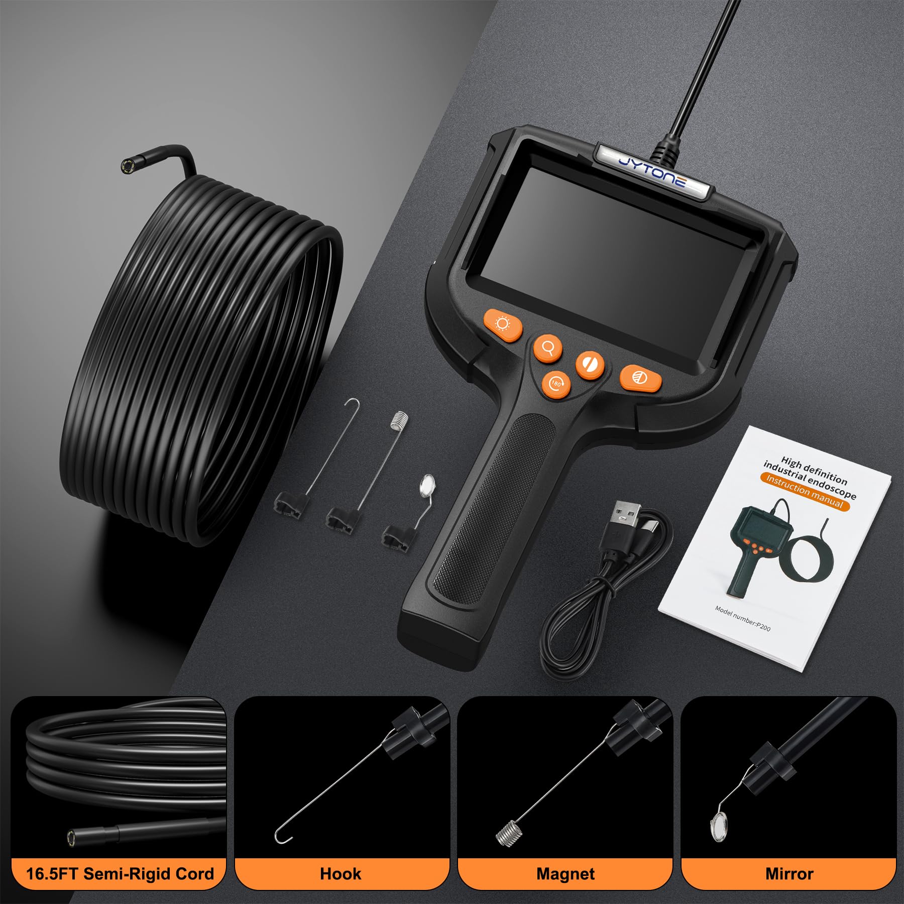 Cámara endoscópica con luz, 10,9 cm de inspección endoscopio industrial con lente de 8 mm, cámara de serpiente flexible impermeable de 5 m para mecánico automotriz, mantenimiento de motores y