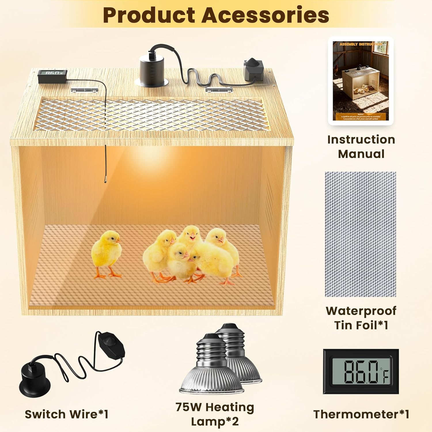 Chicken Brooder Box for Chicks Starter Kit, 16 Inch Wooden Chicken Brooder Box with 75W Heating Lamps, Thermometer and Tin Foil, Poultry Breeding Kit, for 5-7 Chicks Ducks Quail Hamsters