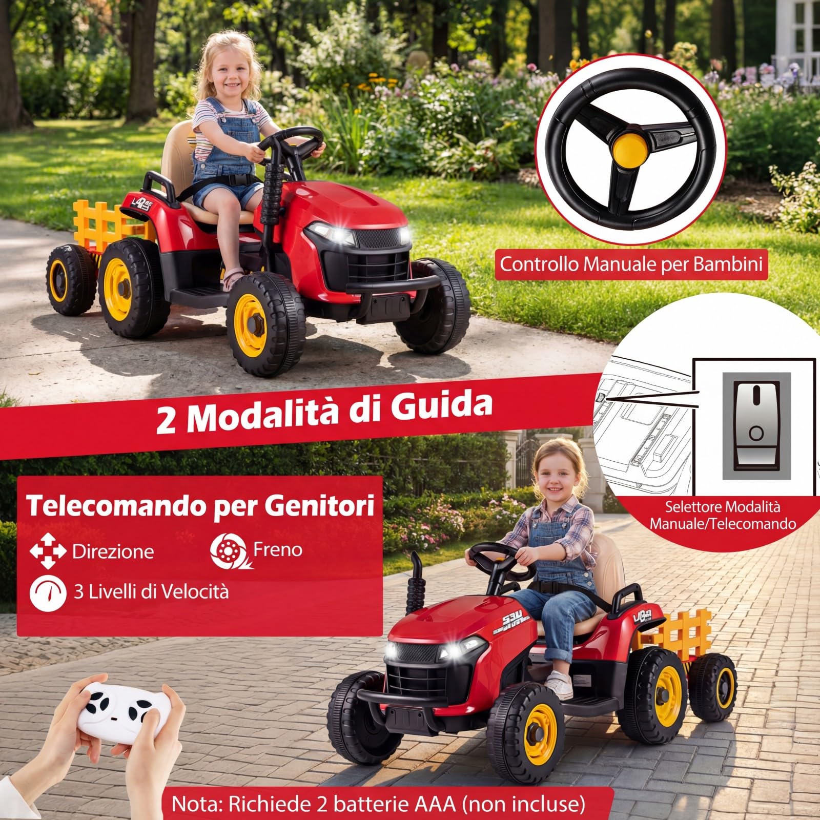 COSTWAY 24V Trattore Elettrico per Bambini, Macchina Cavalcabile con Telecomando, Clacson Musica, Connessione Wireless e Fari a LED, per Bambini 3 Anni+ (Rosso)